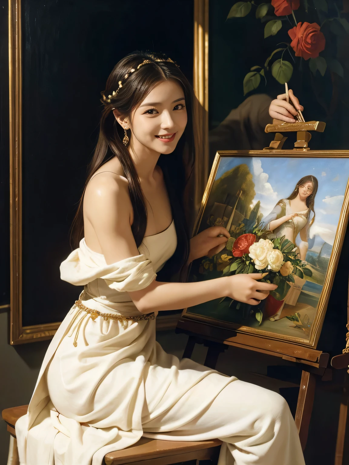 Giorgione painting style,Arguments of two female P、roses in vase、fruits、Cute trinkets、smile、ancient greek costume、Clothes that stretch your shoulders、A big smile、beautiful bare skin,Female painter painting oil in her studio