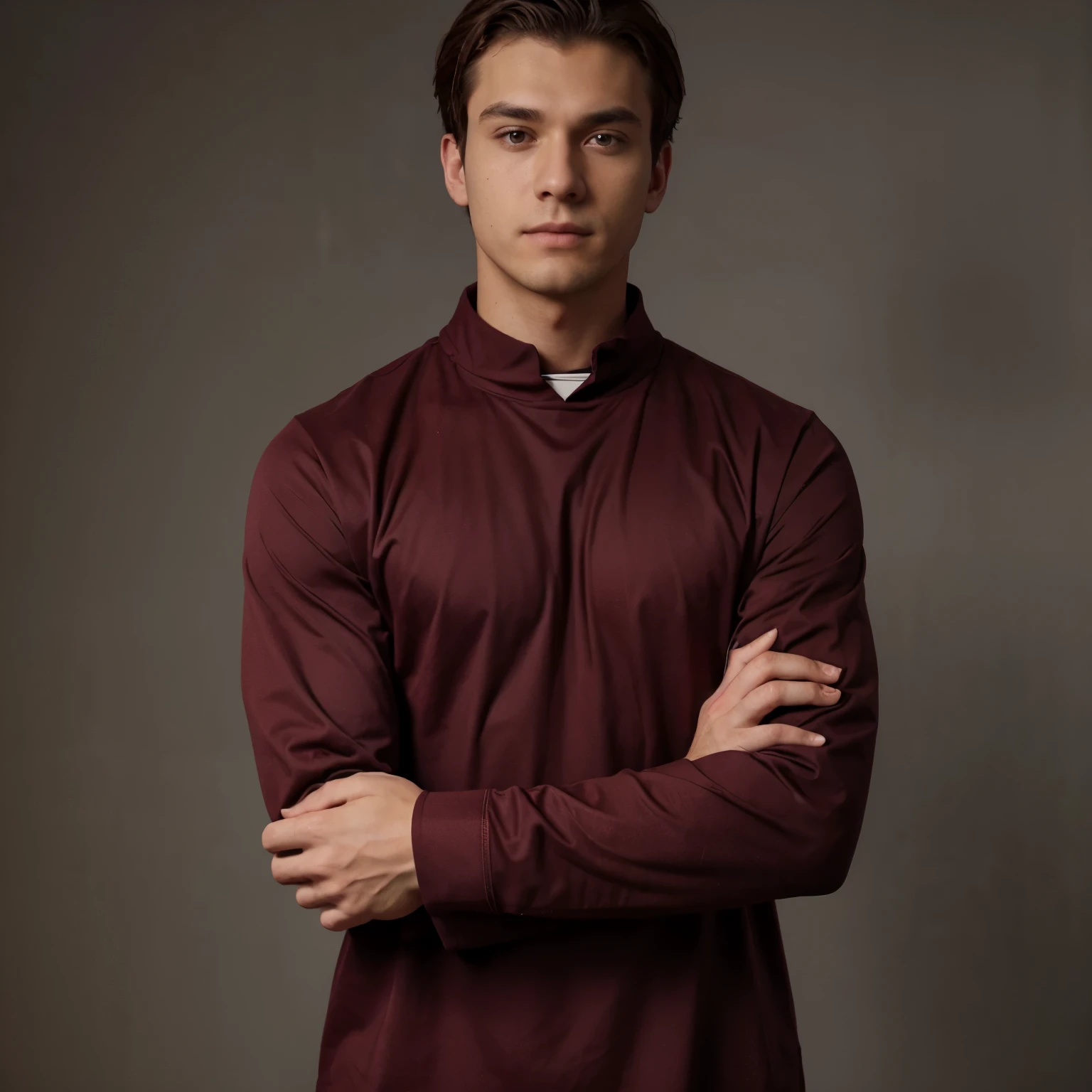 The man is wearing a long-sleeved maroon colored drill shirt with his arms crossed