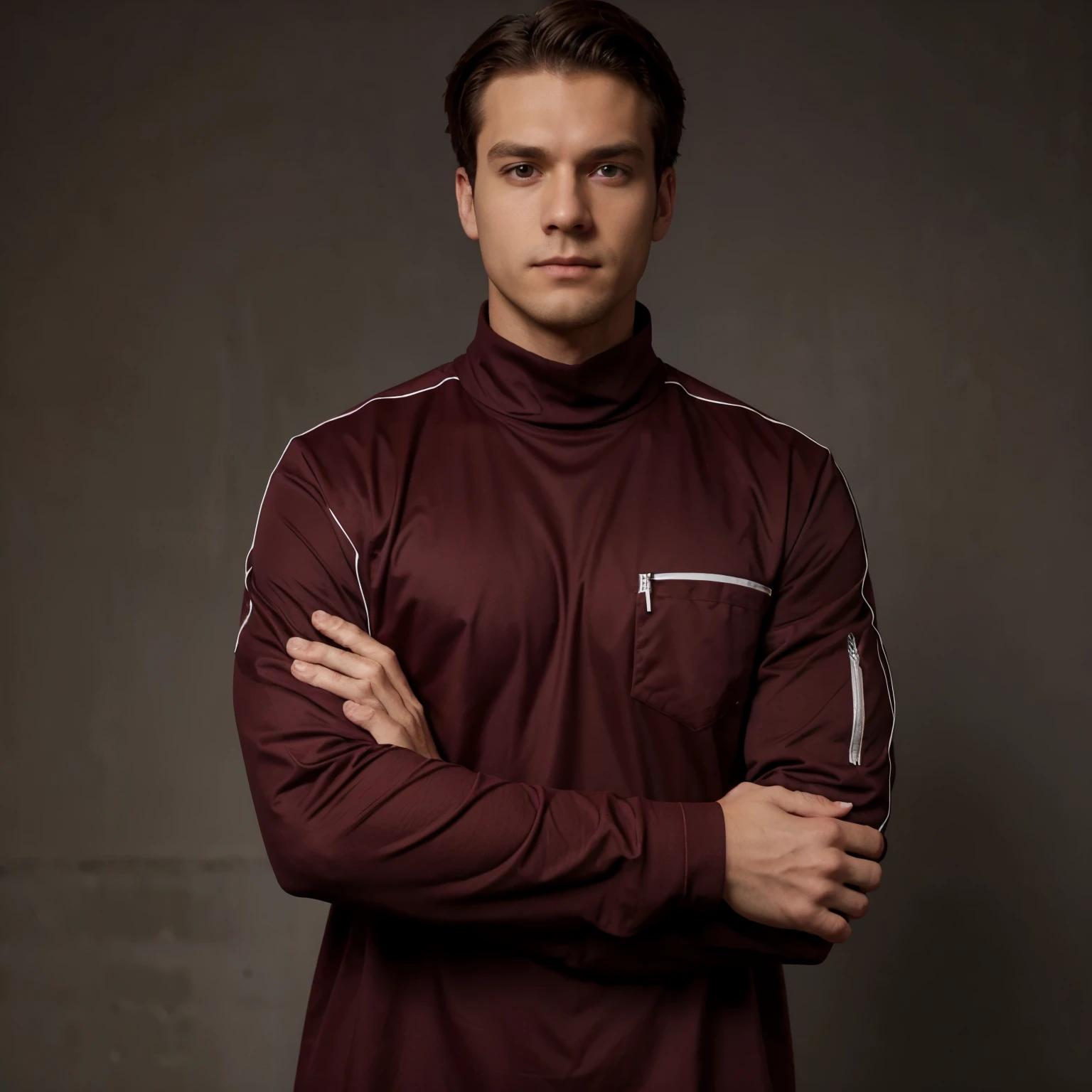 The man is wearing a long-sleeved maroon colored drill shirt with his arms crossed