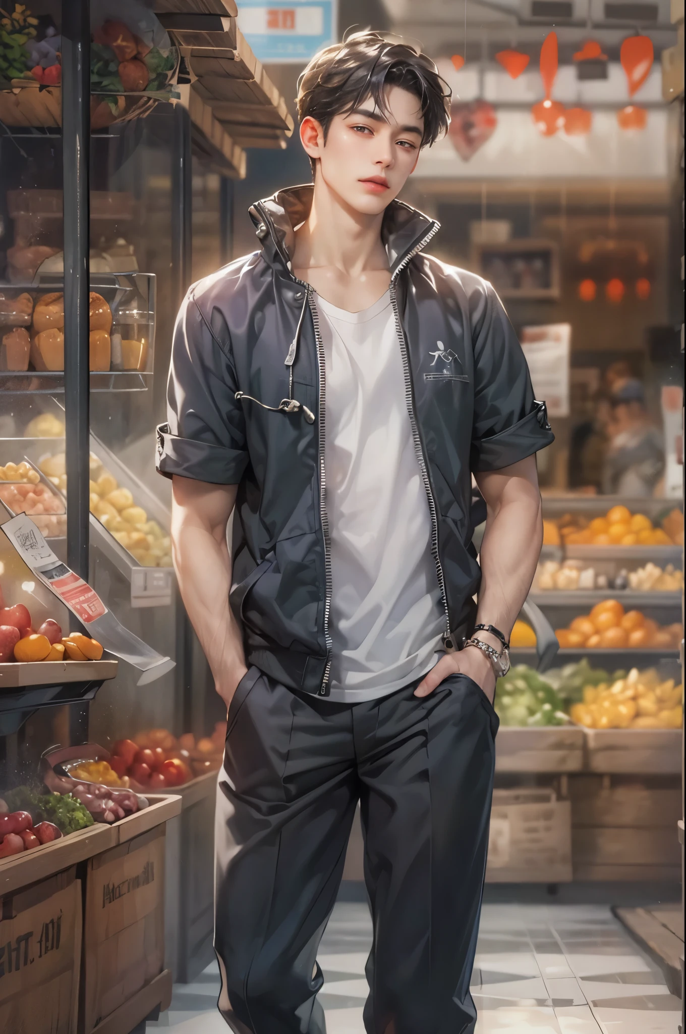 ((Best quality)), ((masterpiece)), (detailed), ((perfect face)), ((halfbody)) handsome face, male,  boy,  perfect proportions , an artwork created by nardack, casual outfit, detailed market interior scenery background 