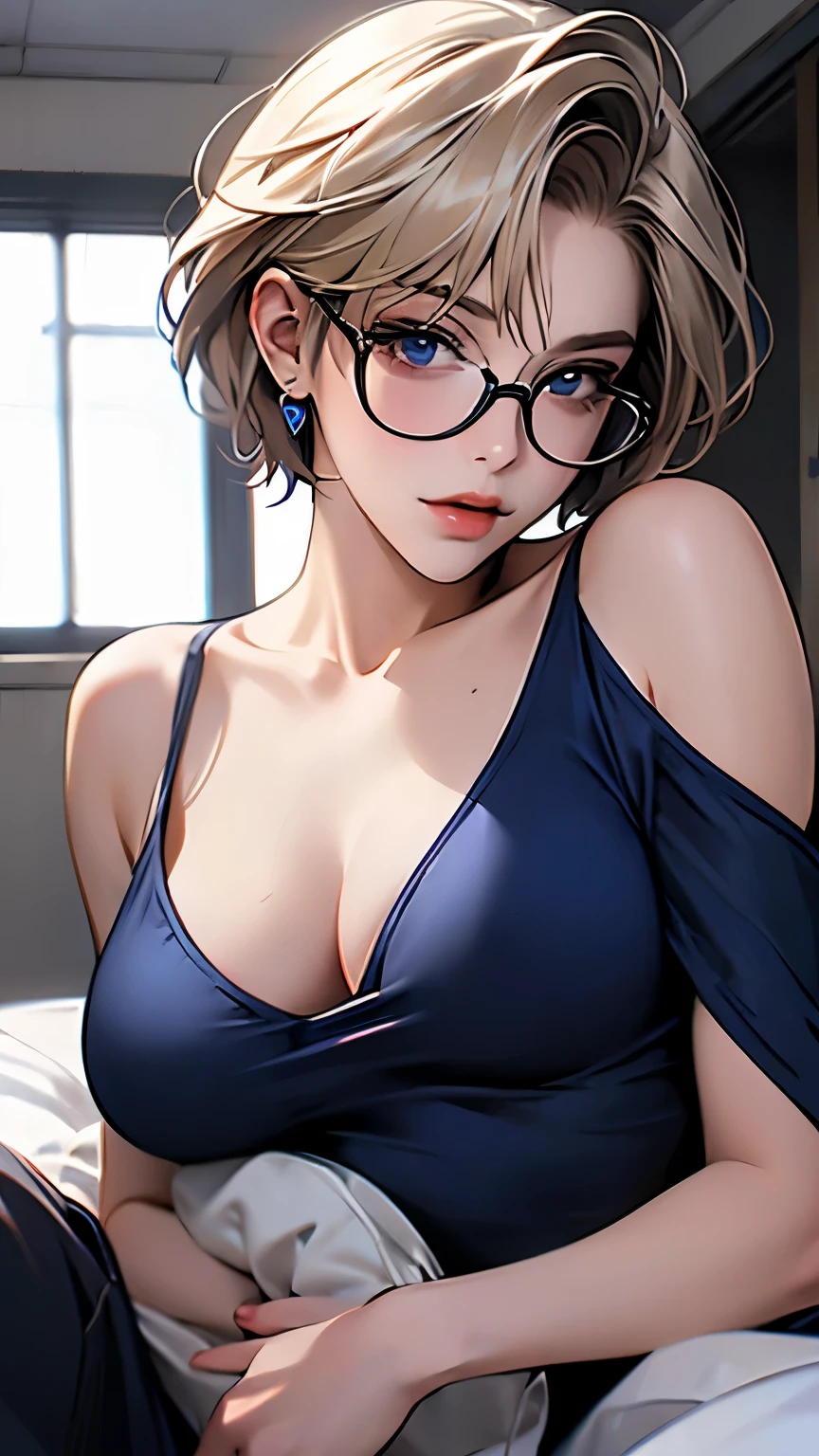 girl in competitive swimsuit、whole body、Bedroom、blonde、short cut hair、blue eyes、red glasses、lie down and seduce me