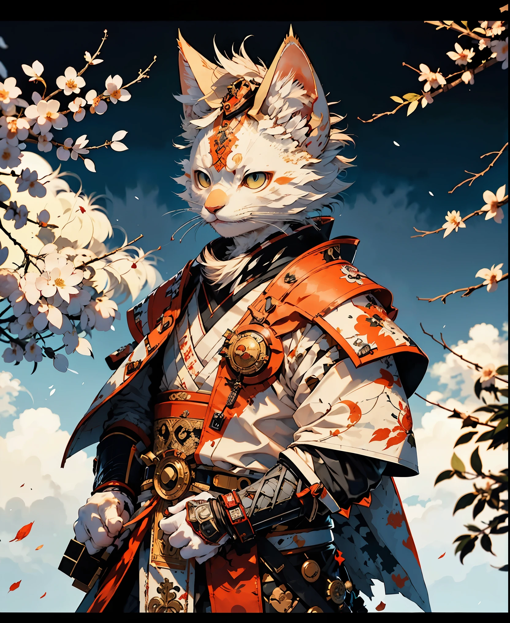 32K UHD QUALITY RESOLUTION, white cat, samurai warrior, highly detailed samurai battle armor and sashimono war flag, blood splattered, cherry blossoms blowing in the wind, post apocalyptic feudal Japan background 