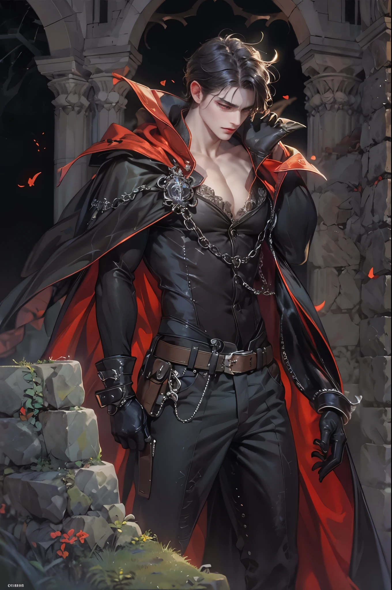 ((Best quality)), ((masterpiece)), (detailed), ((perfect face)), ((halfbody)) handsome face, male,  boy,  perfect proportions , a male character hero from vampire saviour comics in a gnostic outfit, succubus, incubus, vampire, dark cape, dark castle, detailed scenery background 