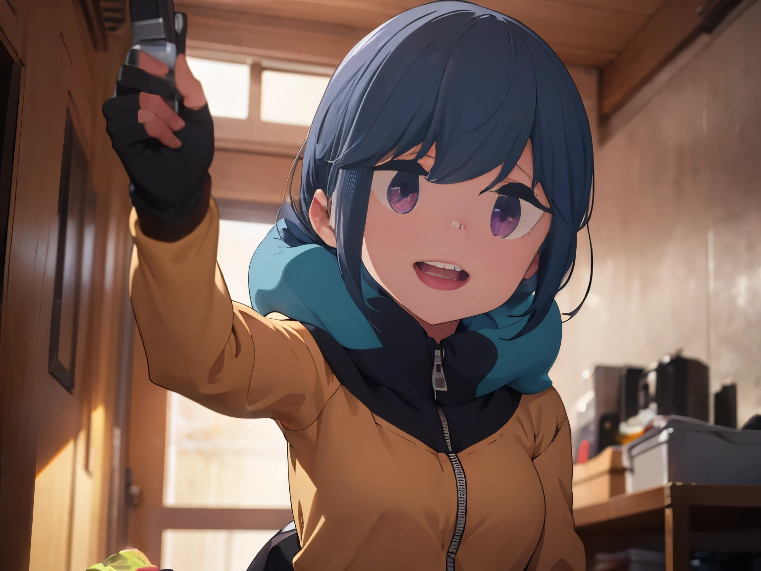 (best quality, masterpiece:1.2), 1girl, (((masterpiece))), (((full body))), shima rin, jacket, fingerless gloves, looking at viewer, smile, camp, mountain , top-quality, top-quality, High Details, 1girl, illustratio, comic strip, soothing tones, Subdued Color, Soft cinematic light, adobe lightroom, photolab, HDR, intricately and hyper-detailed、(((depth of fieldasterpiece)))。(((top-quality))).)((ultra-detailliert)))。(((illustratio)))。(((takeout))).dynamic focus.big breasts.(((Face of happy smile))). Close eye, open mouth.(((up chest))).((morning glow)).((the setting sun)), solo, anime, anime screencap, ray tracing, ultra resolution image, vivid color, cinematic light, lens flare, light on face, glow eyes, depth of field, happy, detailed background, cute, straight-on, dive dress, navel