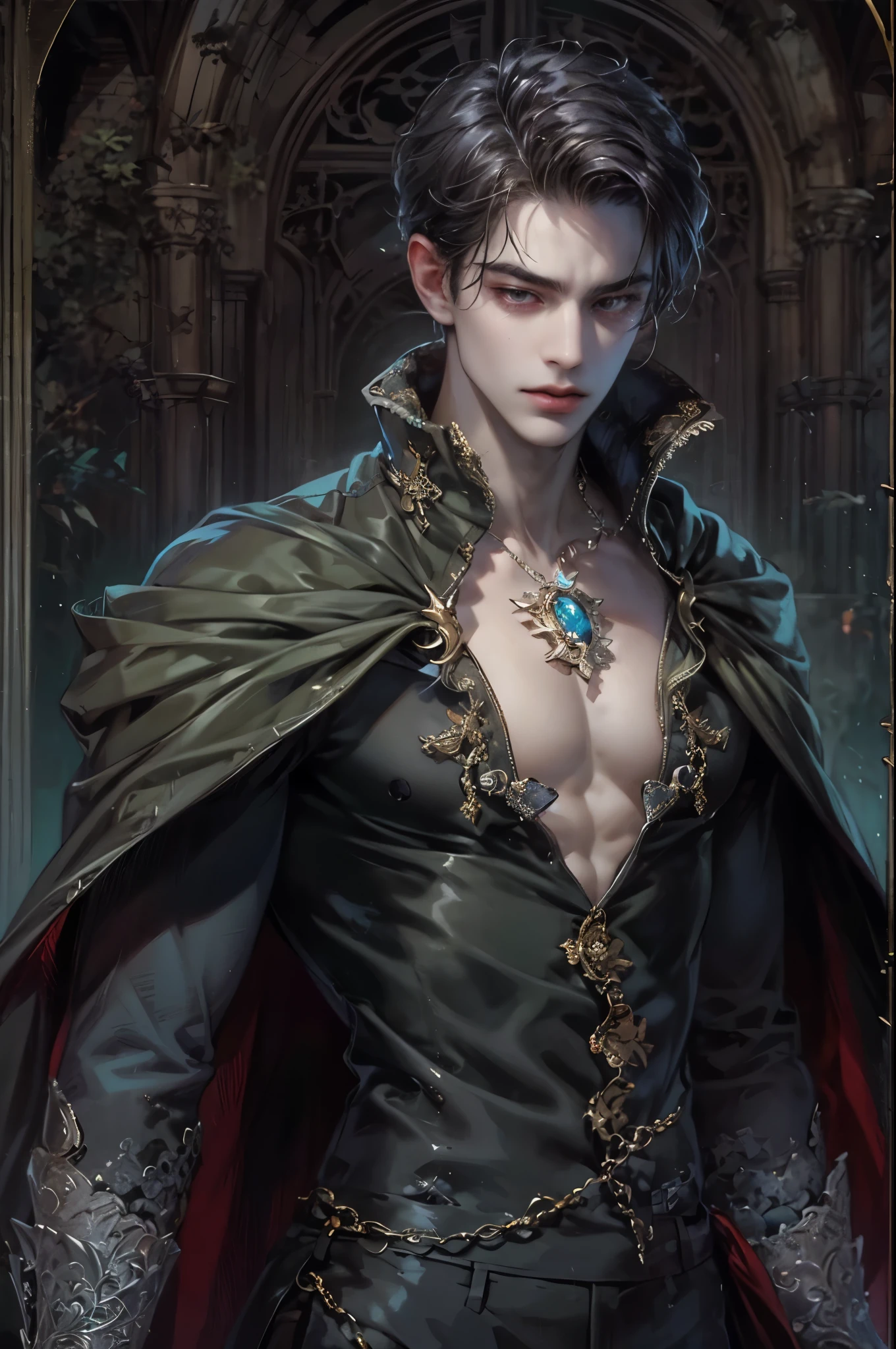 ((Best quality)), ((masterpiece)), (detailed), ((perfect face)), ((halfbody)) handsome face, male, teen boy,  perfect proportions , a male character hero from vampire saviour comics in a gnostic outfit, succubus, incubus, vampire, dark cape, dark castle, detailed scenery background 