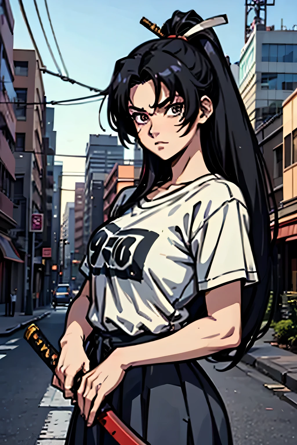 anime girl, 90s anime style, black hair, katana in hand, scar on the face, rough, city backdrop