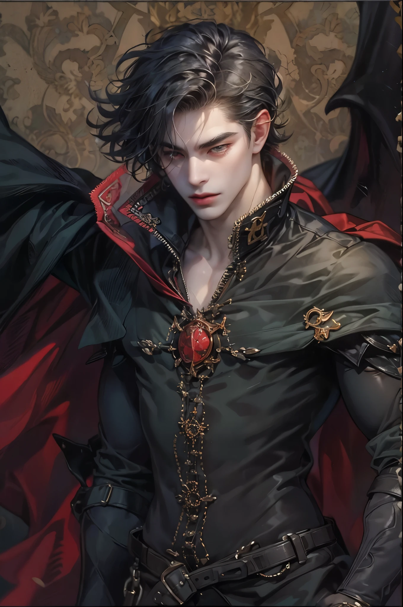 ((Best quality)), ((masterpiece)), (detailed), ((perfect face)), ((halfbody)) handsome face, male,  boy,  perfect proportions , a male character hero from vampire saviour comics in a gnostic outfit, succubus, incubus, vampire, dark cape, dark castle, detailed scenery background 