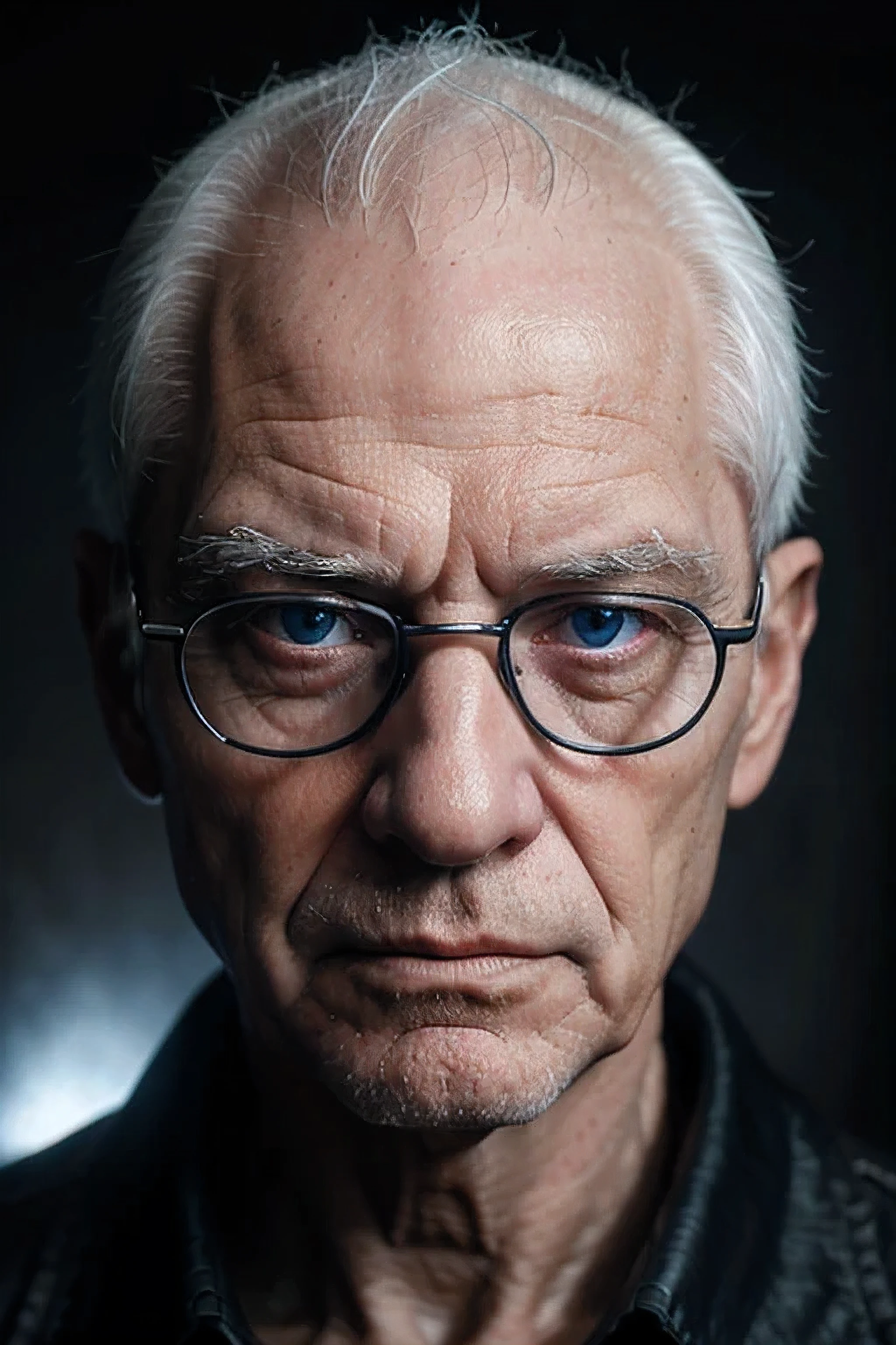 O rosto de um homem de 82 anos, branco, with branco hair, um pouco careca, on a dark background and with dramatic light, with glasses, olhos azuis e reflexivos, com um semblante contemplativo, dramatic light, fotorealistic image, 4k, foto , fotography.