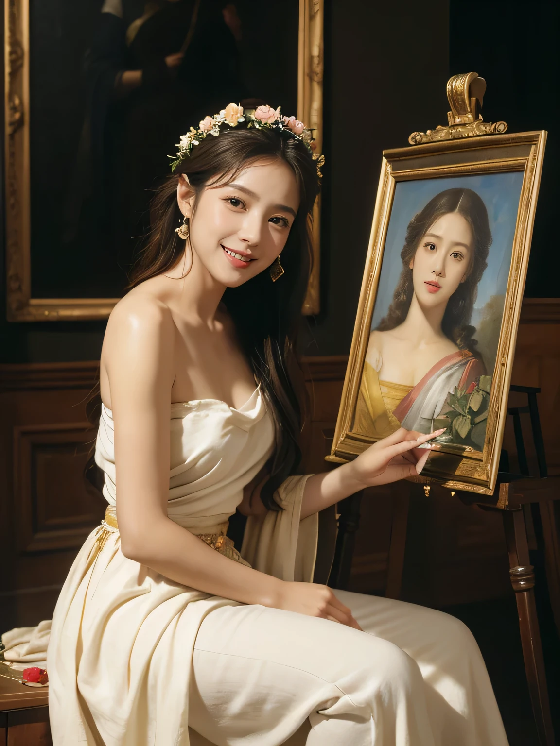 Giorgione painting style,roses in vase、fruits、Cute trinkets、smile、ancient greek costume、Clothes that stretch your shoulders、A big smile、beautiful bare skin,Female painter painting oil in her studio,Woman painting in oil with oil brush and palette