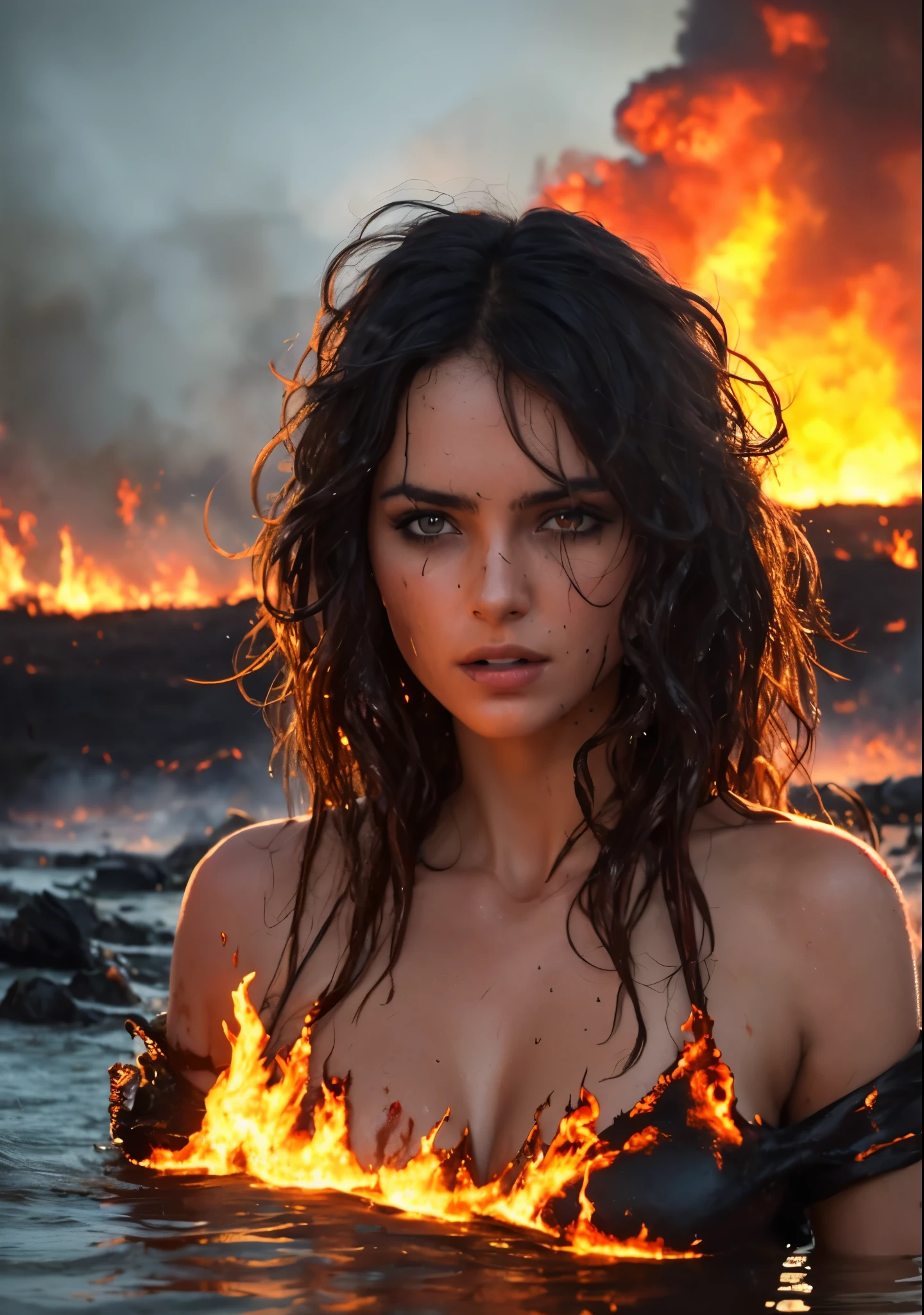 A dirty wet woman with messy hair, camera above, dramatic scene, a woman in a burning field with a fire in the background of the water, skin and hair, high-detail skin, 4k, movie, cinematic