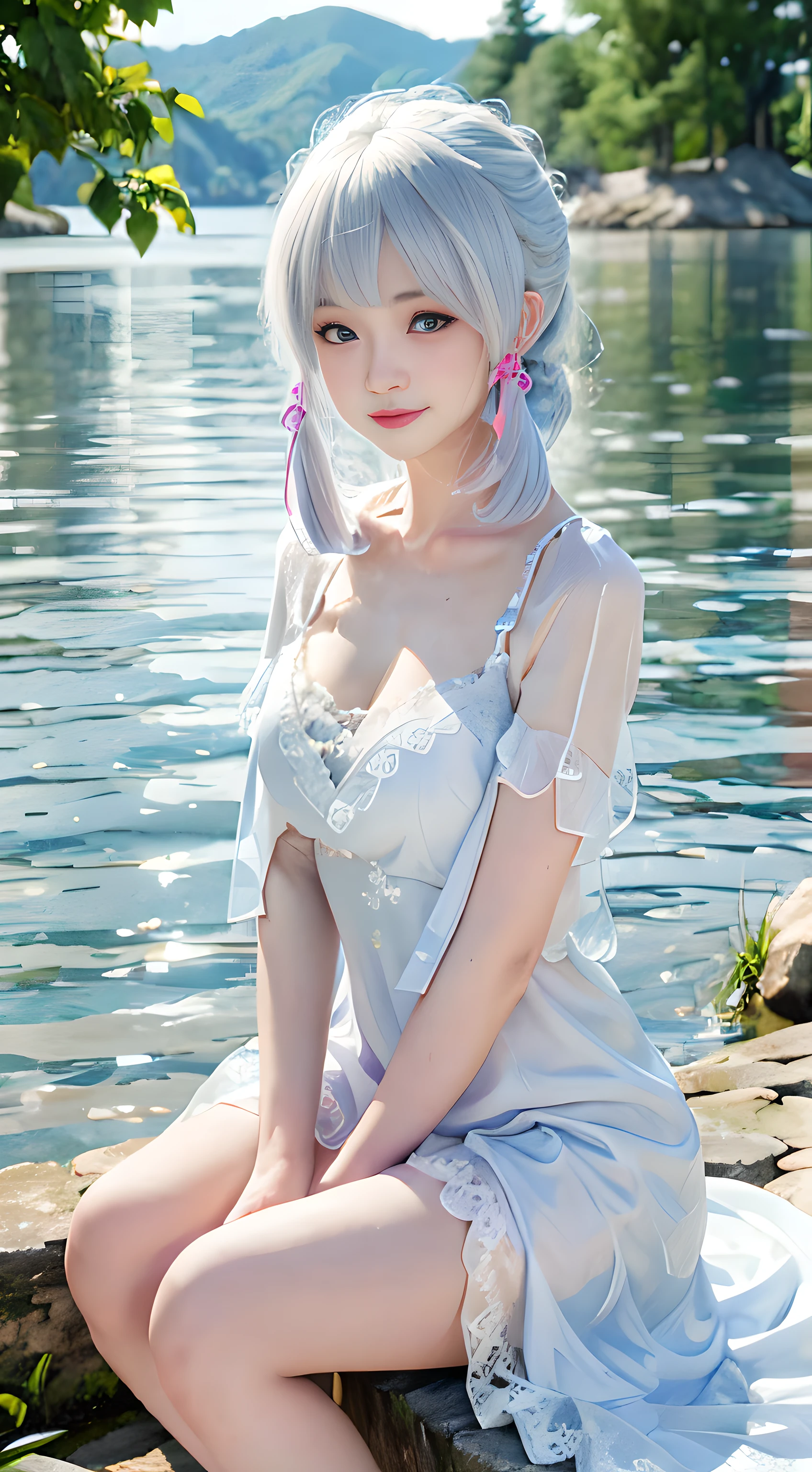 fragrance, wet, soak, (best quality,4k,8k,high resolution,masterpiece:1.2),Super detailed,(actual,realistically,realistically:1.37), white hair, huge title blue eyes, White lace nightdress，Pink，moisture，Sitting on a stone by the lake，face camera， water droplets, sparkling skin，covered in sweat，There is an unknown white liquid on the body，a happy expression