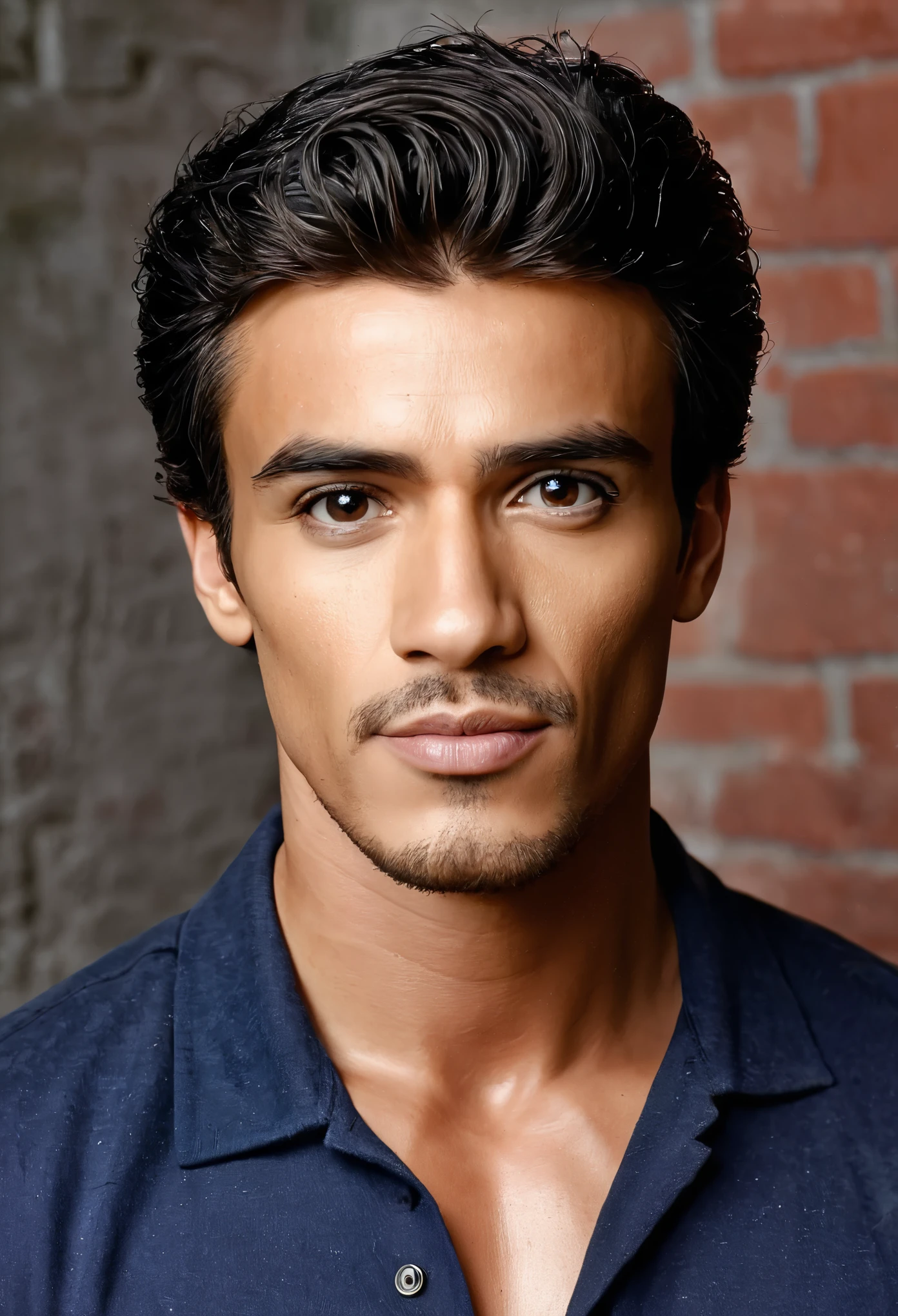 (half body portrait 1:4) RAW UHD portrait photo of a 26 years old Indian Origin American man named Aiwiz, short black hair, black eyes, sharp-semi muscular features, dslr, sharp focus