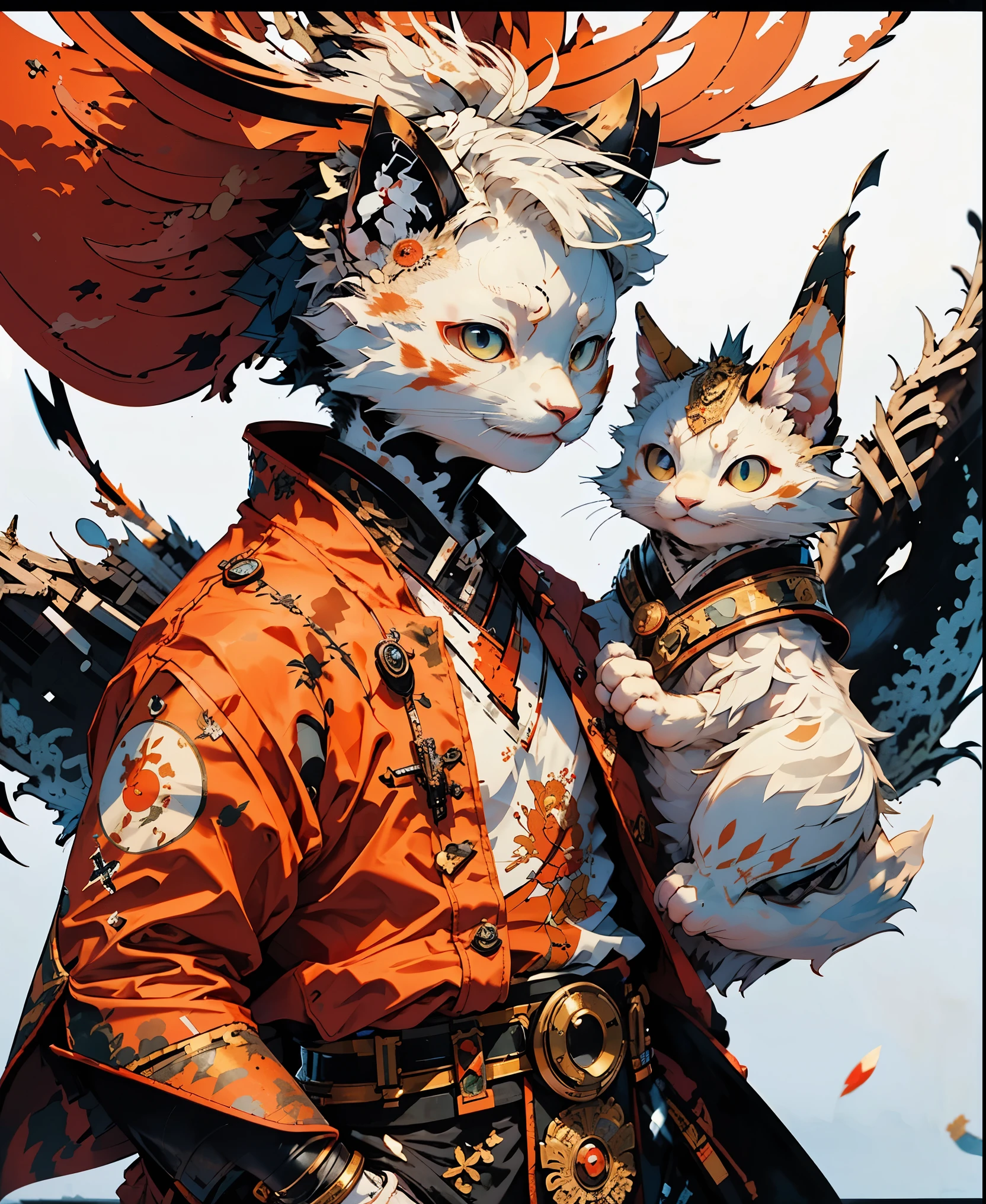 32K UHD QUALITY RESOLUTION, white cat, samurai warrior, highly detailed samurai battle armor and sashimono war flag, blood splattered, cherry blossoms blowing in the wind, post apocalyptic feudal Japan background 