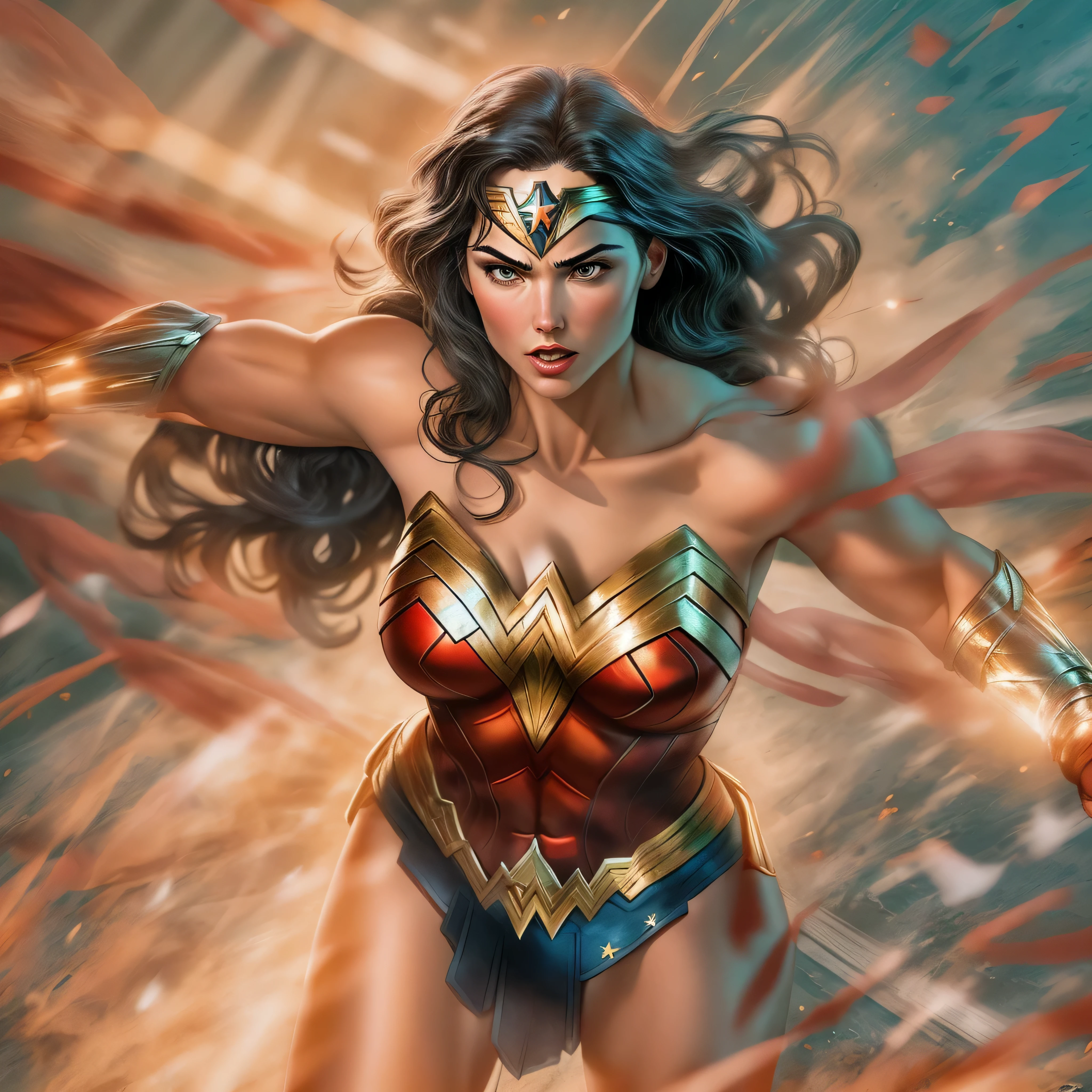 one very muscular, Powerful Wonder Woman in a dynamic flying pose, with a confident and determined expression on his face. Her iconic superhero costume is highly detailed, mostrando as texturas e contornos do tecido. As cores vibrantes do traje, including the bright red cloak that flows behind him, Crie um impacto visual impressionante.
The work has a medium of comic book illustration, capturing the essence of the beloved DC Comics character. The lines and shading are crisp and clean, giving the image a dynamic and energetic feel. It combines elements of traditional hand-drawn artworks with digital coloring techniques, resulting in a visually stunning piece.
Enquanto Wonder Woman assume o centro do palco, the background features the iconic skyline of Metropolis with its towering skyscrapers, todos banhados pela luz quente do sol. The buildings are highly detailed, featuring a blend of contemporary architecture and the classic art deco style that is synonymous with the world of Wonder Woman.
The lighting in the artwork is dramatic, with sunlight casting strong shadows on Wonder Woman's muscular physique, emphasizing their strength and power. Using highlights and shadows adds depth and dimension to the image, Bringing it to life.
The color palette of the work is rich and vibrant, with bold primary colors dominating the scene. O vermelho e o azul do traje do Wonder Woman se destacam contra os tons quentes da paisagem urbana, criando um contraste visualmente cativante.
Geral, This work is of the best quality, with ultra-detailed, realistic rendering. Every muscle and line in Wonder Woman's body is meticulously portrayed, highlighting his physical prowess and superhero status. Attention to detail creates a sense of realism, fazendo com que o espectador se sinta como se estivesse testemunhando o voo do Wonder Woman pessoalmente.
This prompt is suitable for