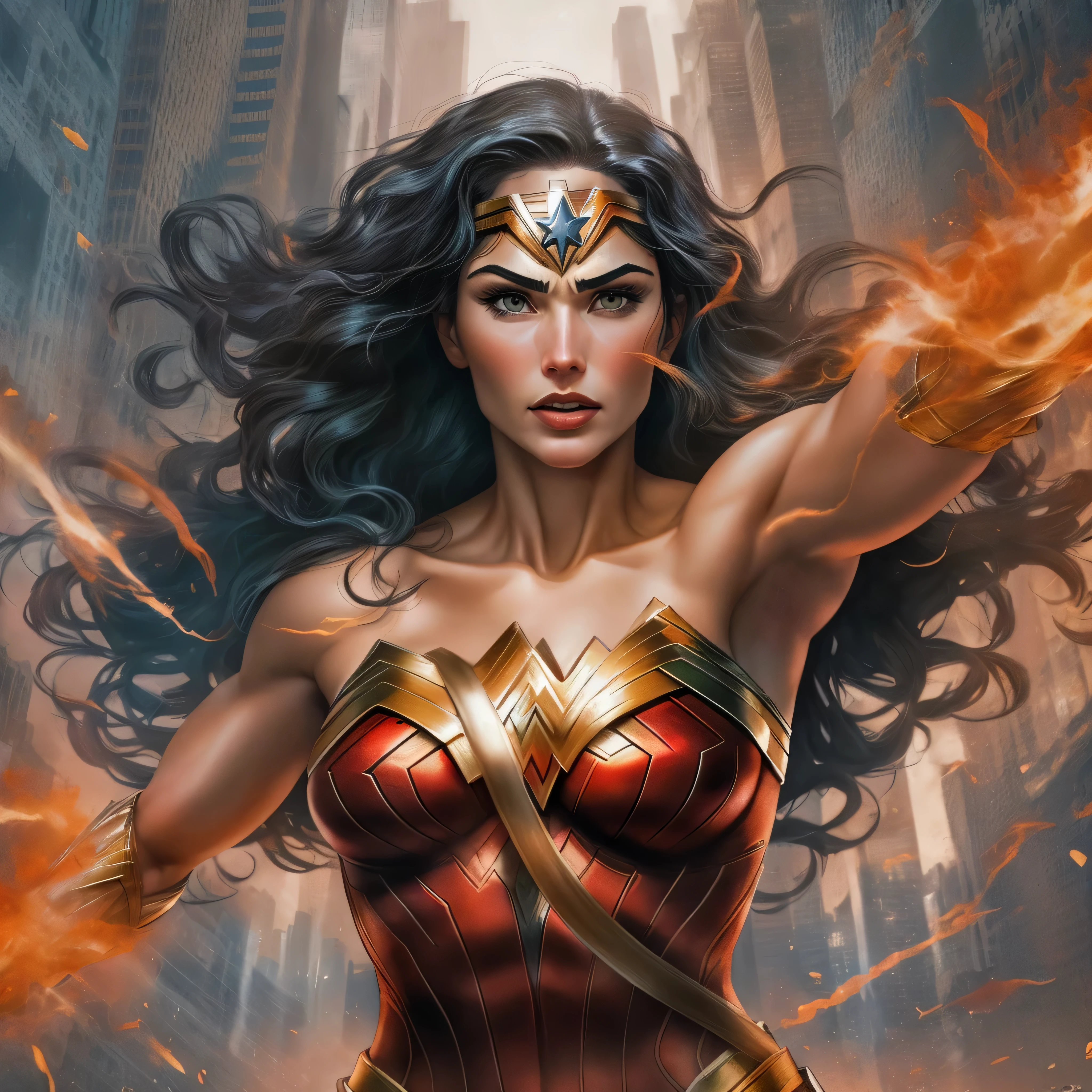 one very muscular, Powerful Wonder Woman in a dynamic flying pose, with a confident and determined expression on his face. Her iconic superhero costume is highly detailed, mostrando as texturas e contornos do tecido. As cores vibrantes do traje, including the bright red cloak that flows behind him, Crie um impacto visual impressionante.
The work has a medium of comic book illustration, capturing the essence of the beloved DC Comics character. The lines and shading are crisp and clean, giving the image a dynamic and energetic feel. It combines elements of traditional hand-drawn artworks with digital coloring techniques, resulting in a visually stunning piece.
Enquanto Wonder Woman assume o centro do palco, the background features the iconic skyline of Metropolis with its towering skyscrapers, todos banhados pela luz quente do sol. The buildings are highly detailed, featuring a blend of contemporary architecture and the classic art deco style that is synonymous with the world of Wonder Woman.
The lighting in the artwork is dramatic, with sunlight casting strong shadows on Wonder Woman's muscular physique, emphasizing their strength and power. Using highlights and shadows adds depth and dimension to the image, Bringing it to life.
The color palette of the work is rich and vibrant, with bold primary colors dominating the scene. O vermelho e o azul do traje do Wonder Woman se destacam contra os tons quentes da paisagem urbana, criando um contraste visualmente cativante.
Geral, This work is of the best quality, with ultra-detailed, realistic rendering. Every muscle and line in Wonder Woman's body is meticulously portrayed, highlighting his physical prowess and superhero status. Attention to detail creates a sense of realism, fazendo com que o espectador se sinta como se estivesse testemunhando o voo do Wonder Woman pessoalmente.
This prompt is suitable for