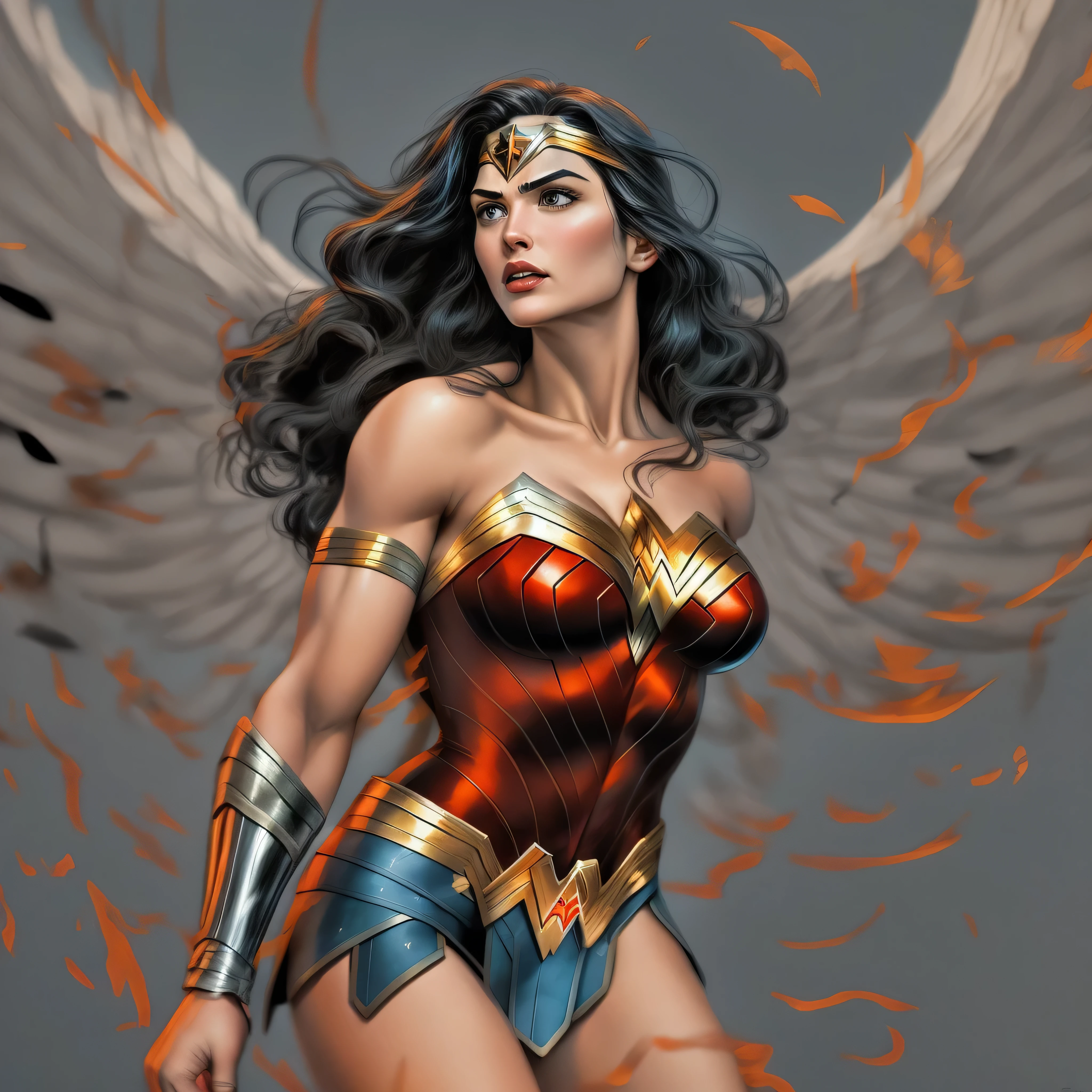 one very muscular, Powerful Wonder Woman in a dynamic flying pose, with a confident and determined expression on his face. Her iconic superhero costume is highly detailed, mostrando as texturas e contornos do tecido. As cores vibrantes do traje, including the bright red cloak that flows behind him, Crie um impacto visual impressionante. 
The work has a medium of comic book illustration, capturing the essence of the beloved DC Comics character. The lines and shading are crisp and clean, giving the image a dynamic and energetic feel. It combines elements of traditional hand-drawn artworks with digital coloring techniques, resulting in a visually stunning piece.

Enquanto Wonder Woman assume o centro do palco, the background features the iconic skyline of Metropolis with its towering skyscrapers, todos banhados pela luz quente do sol. The buildings are highly detailed, featuring a blend of contemporary architecture and the classic art deco style that is synonymous with the world of Wonder Woman.

The lighting in the artwork is dramatic, with sunlight casting strong shadows on Wonder Woman's muscular physique, emphasizing their strength and power. Using highlights and shadows adds depth and dimension to the image, Bringing it to life.

The color palette of the work is rich and vibrant, with bold primary colors dominating the scene. O vermelho e o azul do traje do Wonder Woman se destacam contra os tons quentes da paisagem urbana, criando um contraste visualmente cativante.

Geral, This work is of the best quality, with ultra-detailed, realistic rendering. Every muscle and line in Wonder Woman's body is meticulously portrayed, highlighting his physical prowess and superhero status. Attention to detail creates a sense of realism, fazendo com que o espectador se sinta como se estivesse testemunhando o voo do Wonder Woman pessoalmente.

This prompt is suitable for