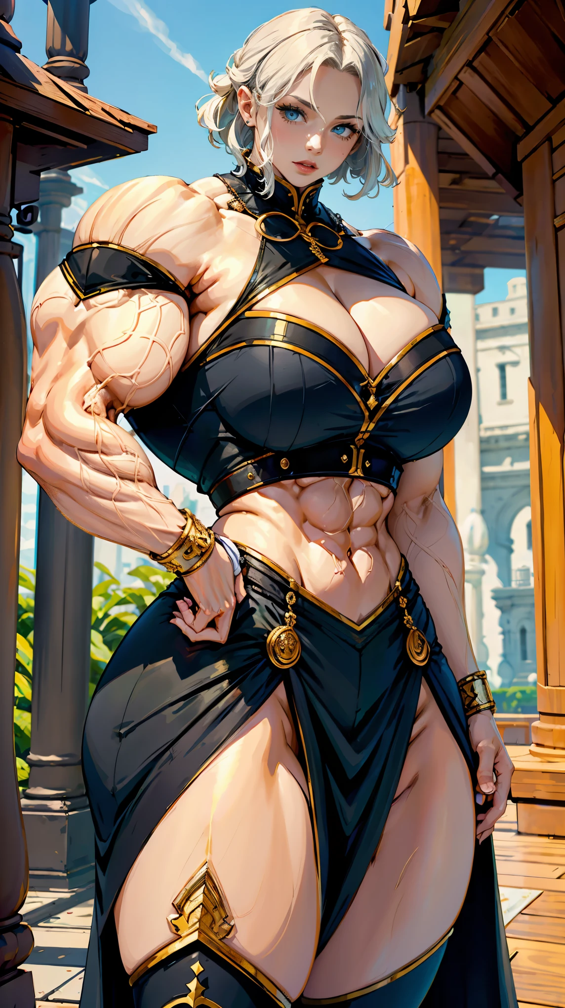 A muscular girl with huge muscles and huge breasts wearing a black and white mix crop top,thigh highs, long gloves with golden embroidery, long white hair,blue eyes, smiling,at a indian castle