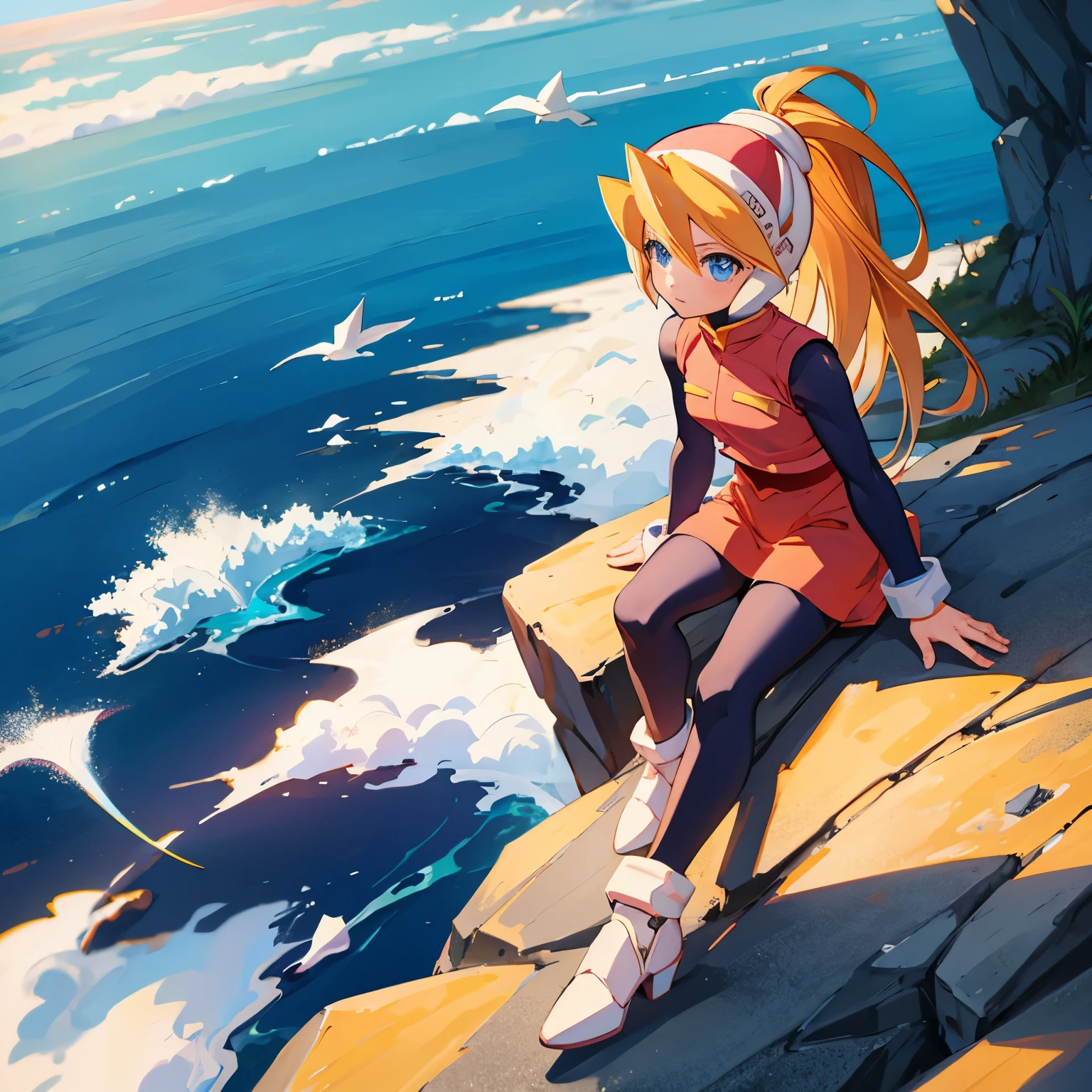 ciel_megamanz, 1girl, solo, long hair, blue eyes, blonde hair, ponytail, headgear, masterpiece, high quality, overlooking the ocean on the edge of a rock, in the style of avian-themed, realistic yet stylized, villagecore, azure, orange and azure, dragoncore, aerial view