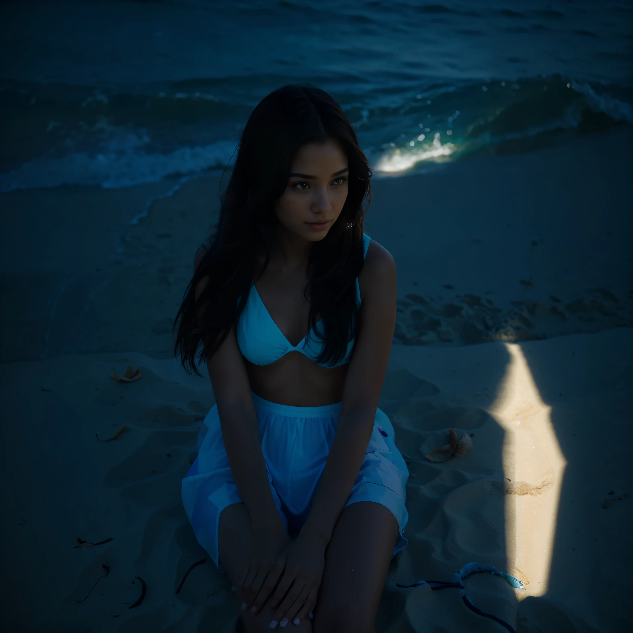 (best illumination, best shadow, masterpiece, high quality), colorful, lively, summer feel, many bright colors, beautiful woman with light summer clothes, loose hair, sitting on a beach with crystal clear water and white sand, bright blue sky.