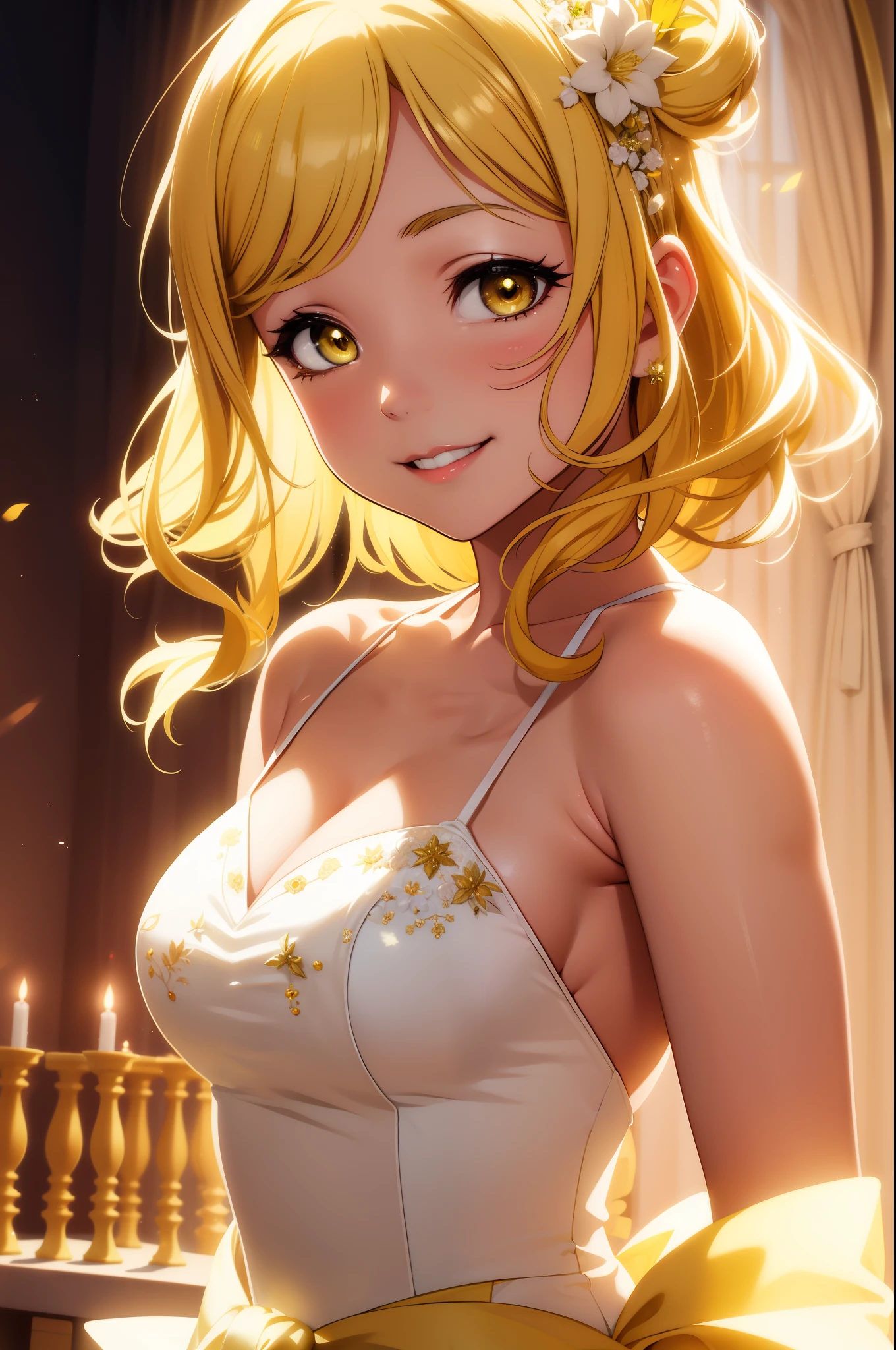 (Masterpiece, Best Quality, High Quality),volumetric lighting, illustration, beautiful, Mari Ohara, yellow eyes, yellow hair, white wedding dress, upper body, smile