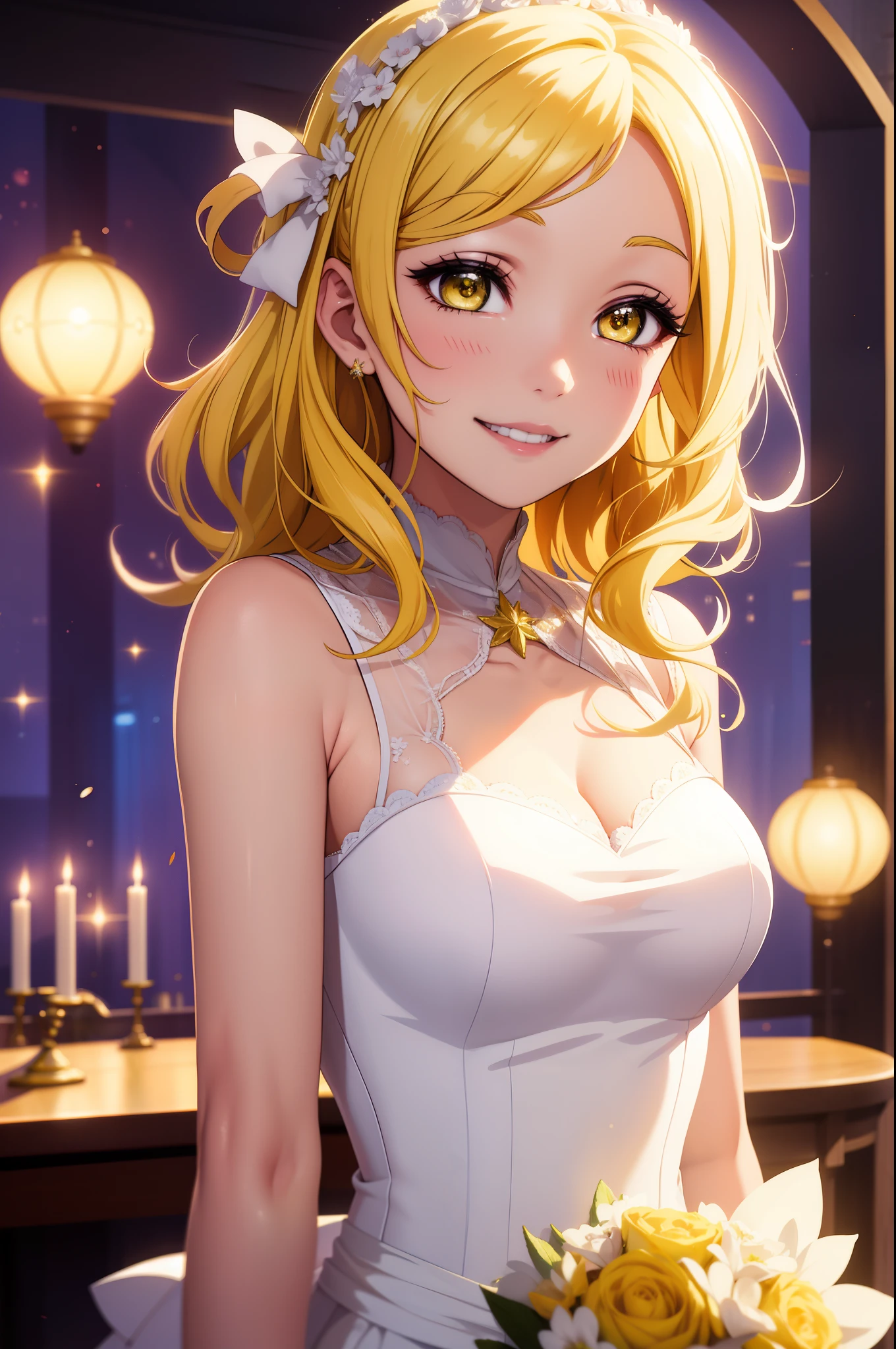 (Masterpiece, Best Quality, High Quality),volumetric lighting, illustration, beautiful, Mari Ohara, yellow eyes, yellow hair, white wedding dress, upper body, smile