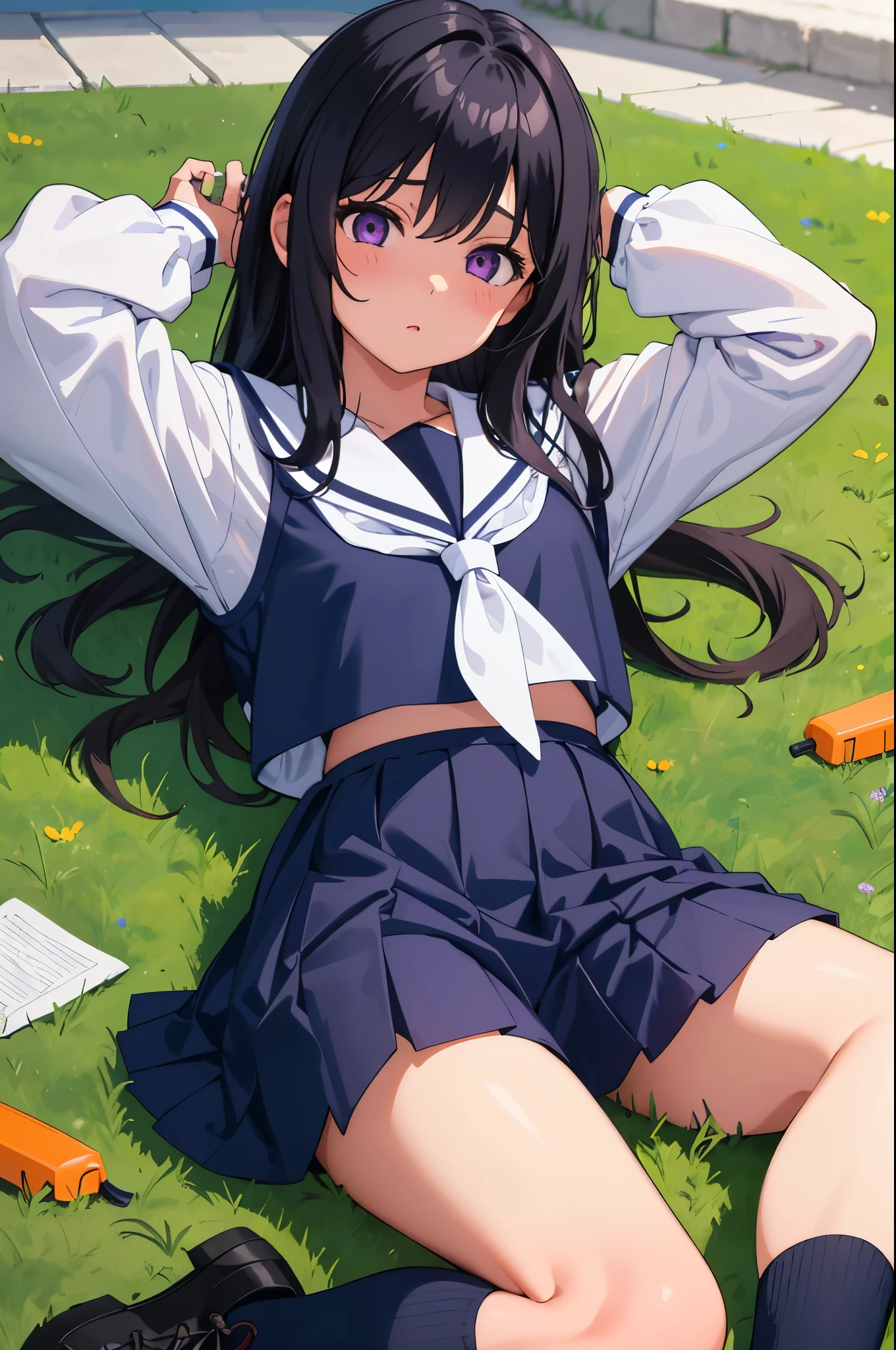 riverbed lawn 8-year-old flat chest blhair g hair eyes are purple ((1 person)) White upper body long sleeve sailor uniform Lower body navy blue miniskirt white panties white socks sports boots lying down on the grass look up spread your legs a little((I can see white panties)) from the front dynamic angle