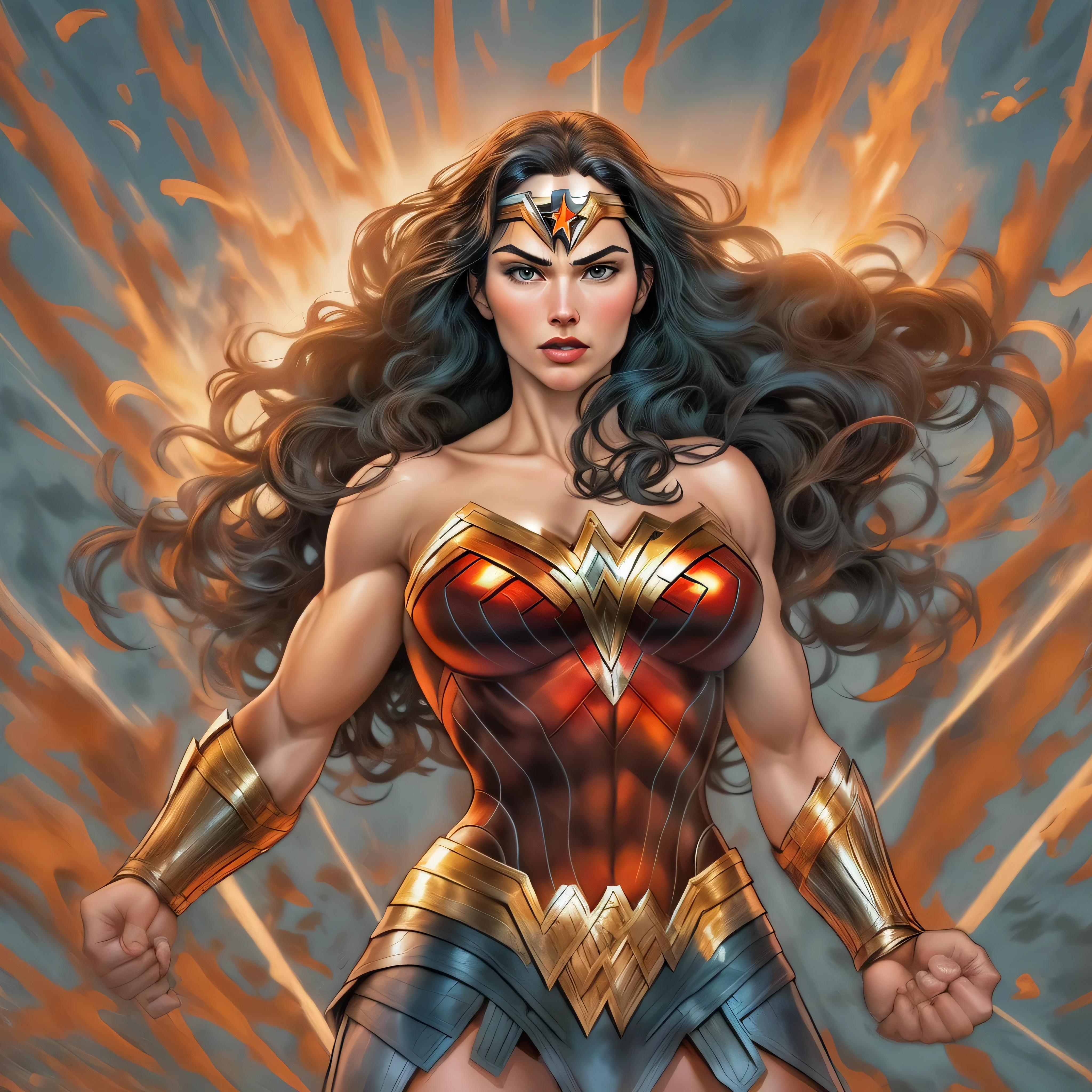 one very muscular, Powerful Wonder Woman in a dynamic flying pose, with a confident and determined expression on his face. Her iconic superhero costume is highly detailed, mostrando as texturas e contornos do tecido. As cores vibrantes do traje, including the bright red cloak that flows behind him, Crie um impacto visual impressionante. 
The work has a medium of comic book illustration, capturing the essence of the beloved DC Comics character. The lines and shading are crisp and clean, giving the image a dynamic and energetic feel. It combines elements of traditional hand-drawn artworks with digital coloring techniques, resulting in a visually stunning piece.

Enquanto Wonder Woman assume o centro do palco, the background features the iconic skyline of Metropolis with its towering skyscrapers, todos banhados pela luz quente do sol. The buildings are highly detailed, featuring a blend of contemporary architecture and the classic art deco style that is synonymous with the world of Wonder Woman.

The lighting in the artwork is dramatic, with sunlight casting strong shadows on Wonder Woman's muscular physique, emphasizing their strength and power. Using highlights and shadows adds depth and dimension to the image, Bringing it to life.

The color palette of the work is rich and vibrant, with bold primary colors dominating the scene. O vermelho e o azul do traje do Wonder Woman se destacam contra os tons quentes da paisagem urbana, criando um contraste visualmente cativante.

Geral, This work is of the best quality, with ultra-detailed, realistic rendering. Every muscle and line in Wonder Woman's body is meticulously portrayed, highlighting his physical prowess and superhero status. Attention to detail creates a sense of realism, fazendo com que o espectador se sinta como se estivesse testemunhando o voo do Wonder Woman pessoalmente.

This prompt is suitable for