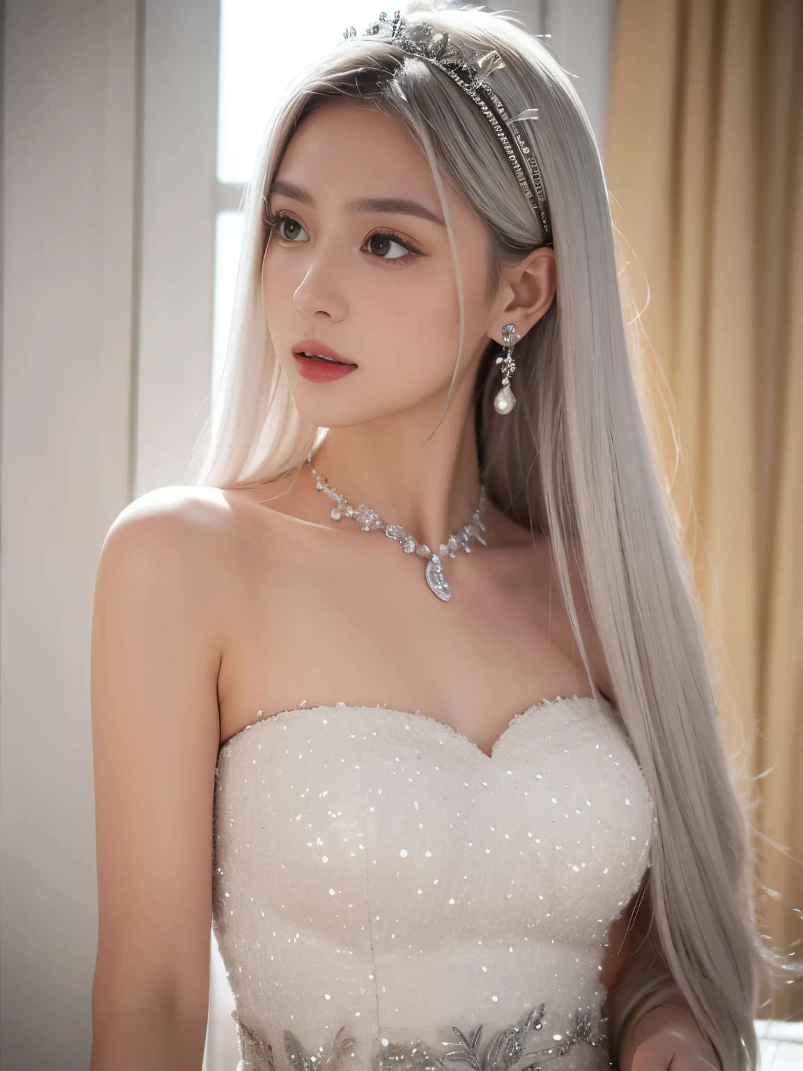 (masterpiece, best quality: 1.4), Detailed background, White crystal, crystal cluster,long hair,jewelry, earrings, necklace, crown, bride, white hair, halo,