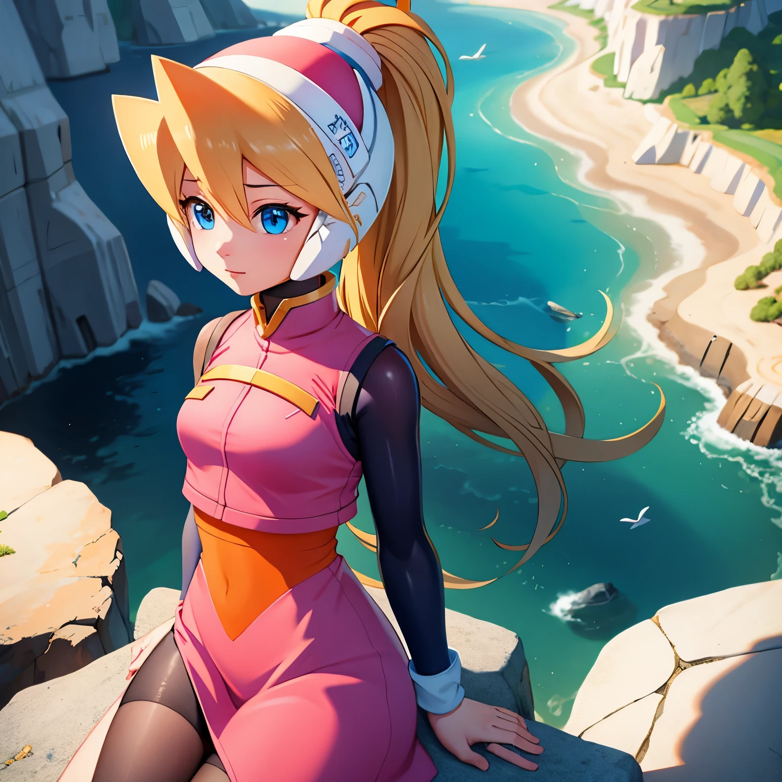 ciel_megamanz, 1girl, solo, long hair, blue eyes, blonde hair, ponytail, headgear, masterpiece, high quality, overlooking the ocean on the edge of a rock, in the style of avian-themed, realistic yet stylized, villagecore, azure, orange and azure, dragoncore, aerial view