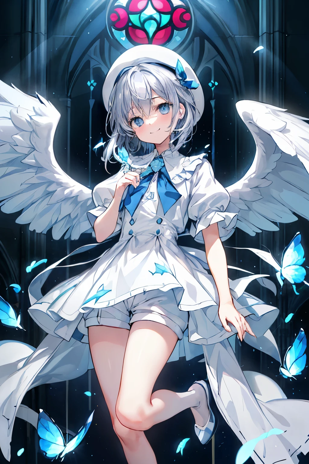 highest quality、detailed face、detailed costumes、detailed background、solo、teenage boy、Masseter muscle part、long gray hair、horizontal hair、light blue eyes、watch here、close your mouth、smile、full body esbian、8K high resolution、highest quality、Two pairs of angel wings sprouting from his back、light blue petals、light leak blur effect、particles of light、White shorts、White collar short sleeve shirt、light blue ribbon、white beret、Blue rose、fine eyes、delicate fingers and hands、Inner part of a cathedral、stained glass window、illuminated by a spotlight、god々々right、Light blue butterfly、dream-like、delicate hair