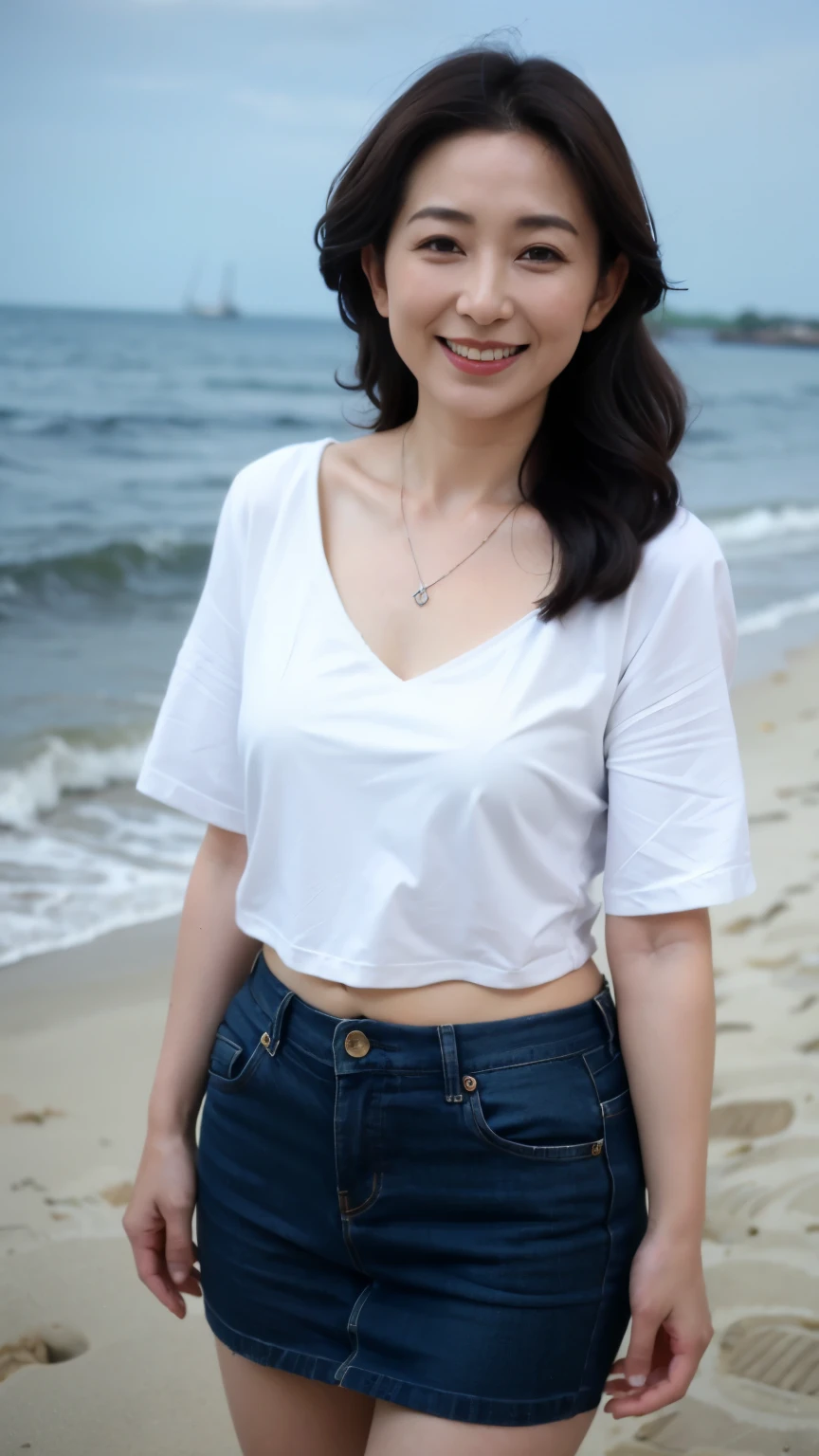 ((highest quality、8k、masterpiece:1.3))、sharp focus, High level image quality, High resolution, portrait, alone, Japanese, middle-aged women, beautiful woman, 50 years old, wavy hair, big t-shirt, beach, dark makeup, wrinkles around the eyes, bewitching look, Wet, barefoot、belly button、mouth is open、laughter、sandy beach、small breasts、Have fun、bob hair、necklace、wedding ring、