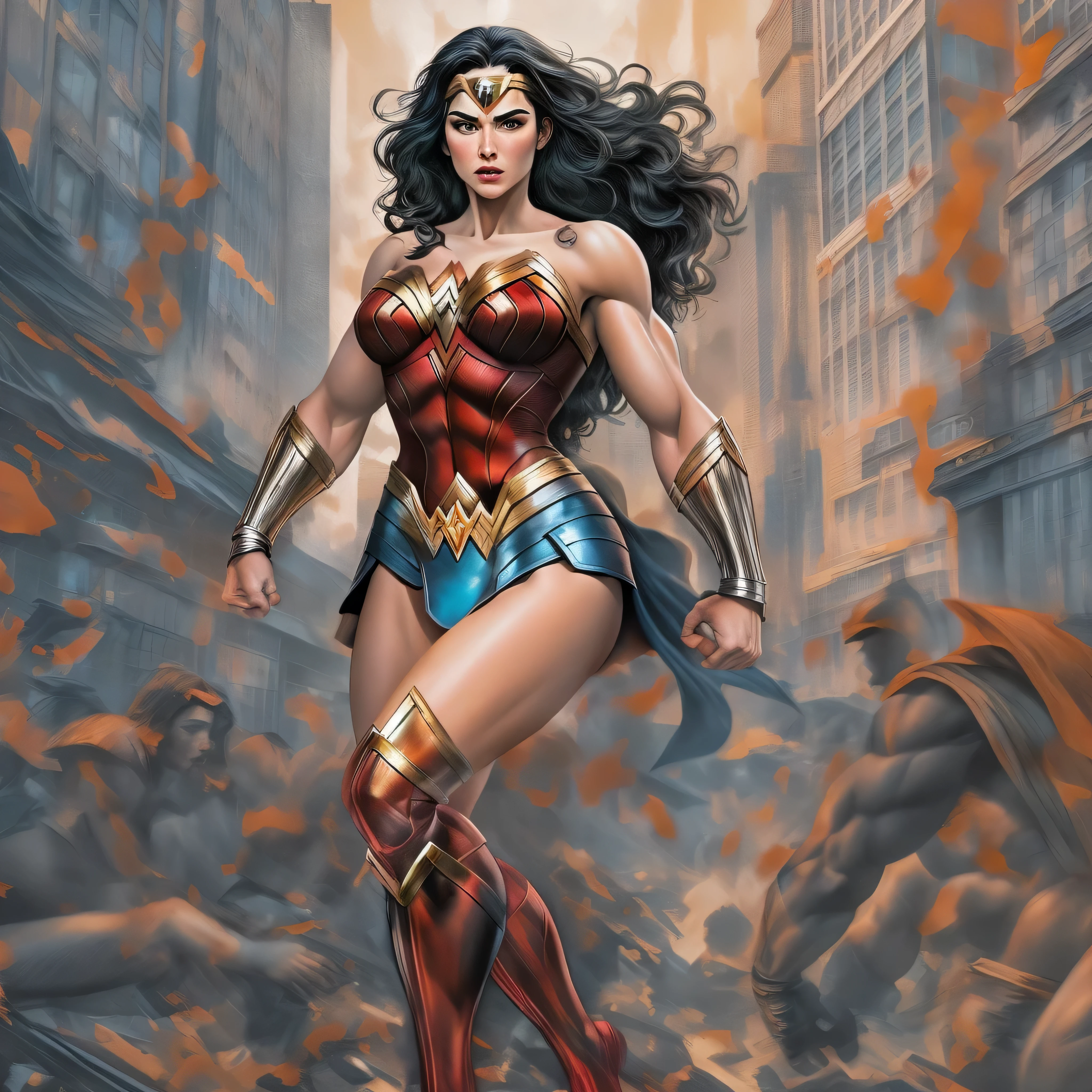 one very muscular, Powerful Wonder Woman in a dynamic flying pose, with a confident and determined expression on his face. Her iconic superhero costume is highly detailed, mostrando as texturas e contornos do tecido. As cores vibrantes do traje, including the bright red cloak that flows behind him, Crie um impacto visual impressionante. 
The work has a medium of comic book illustration, capturing the essence of the beloved DC Comics character. The lines and shading are crisp and clean, giving the image a dynamic and energetic feel. It combines elements of traditional hand-drawn artworks with digital coloring techniques, resulting in a visually stunning piece.

Enquanto Wonder Woman assume o centro do palco, the background features the iconic skyline of Metropolis with its towering skyscrapers, todos banhados pela luz quente do sol. The buildings are highly detailed, featuring a blend of contemporary architecture and the classic art deco style that is synonymous with the world of Wonder Woman.

The lighting in the artwork is dramatic, with sunlight casting strong shadows on Wonder Woman's muscular physique, emphasizing their strength and power. Using highlights and shadows adds depth and dimension to the image, Bringing it to life.

The color palette of the work is rich and vibrant, with bold primary colors dominating the scene. O vermelho e o azul do traje do Wonder Woman se destacam contra os tons quentes da paisagem urbana, criando um contraste visualmente cativante.

Geral, This work is of the best quality, with ultra-detailed, realistic rendering. Every muscle and line in Wonder Woman's body is meticulously portrayed, highlighting his physical prowess and superhero status. Attention to detail creates a sense of realism, fazendo com que o espectador se sinta como se estivesse testemunhando o voo do Wonder Woman pessoalmente.

This prompt is suitable for