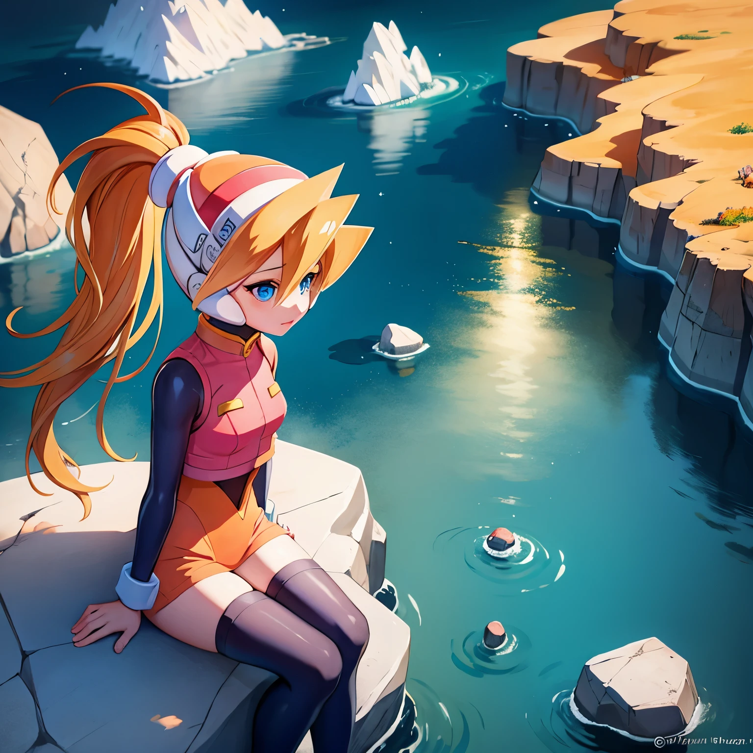 ciel_megamanz, 1girl, solo, long hair, blue eyes, blonde hair, ponytail, headgear, masterpiece, high quality, overlooking the ocean on the edge of a rock, in the style of avian-themed, realistic yet stylized, villagecore, azure, orange and azure, dragoncore, aerial view