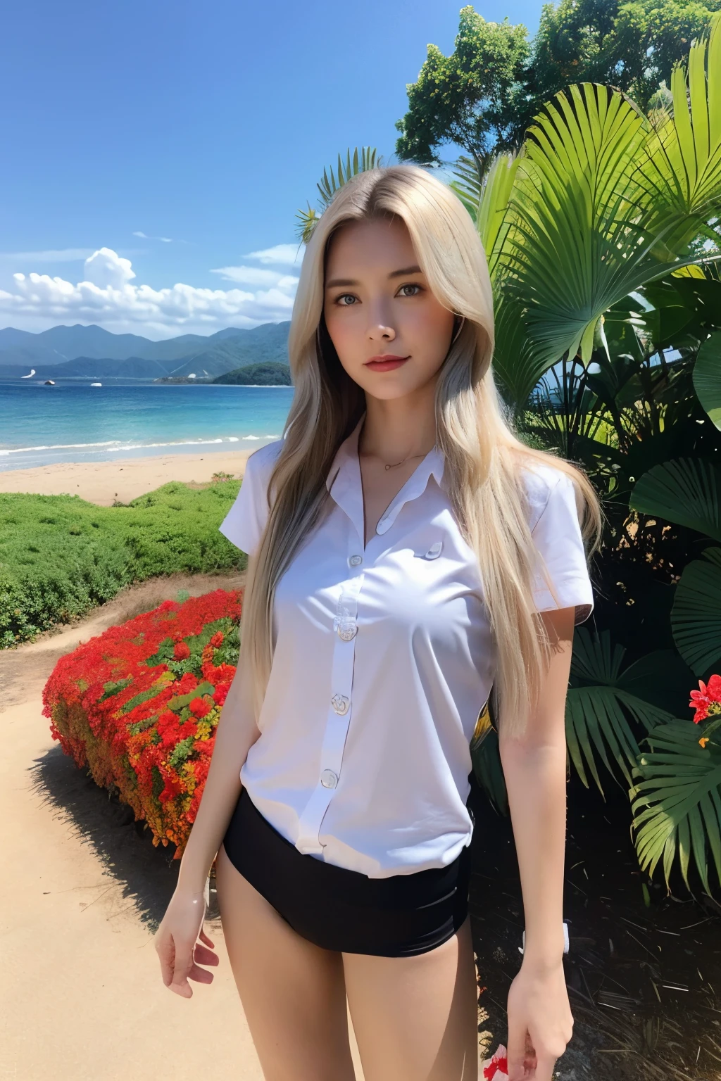 dark theme, (best quality, masterpiece: 1.2), 18yo girl in garden, black neckline dresess of red flowers in background: 1.3)a blonde woman,tan,long hair,blue eyes,medium body,with pink lace panties,medium breasts well pecked,with a white shirt,on a beach,sun,nearby mountains,clouds,sky with sun