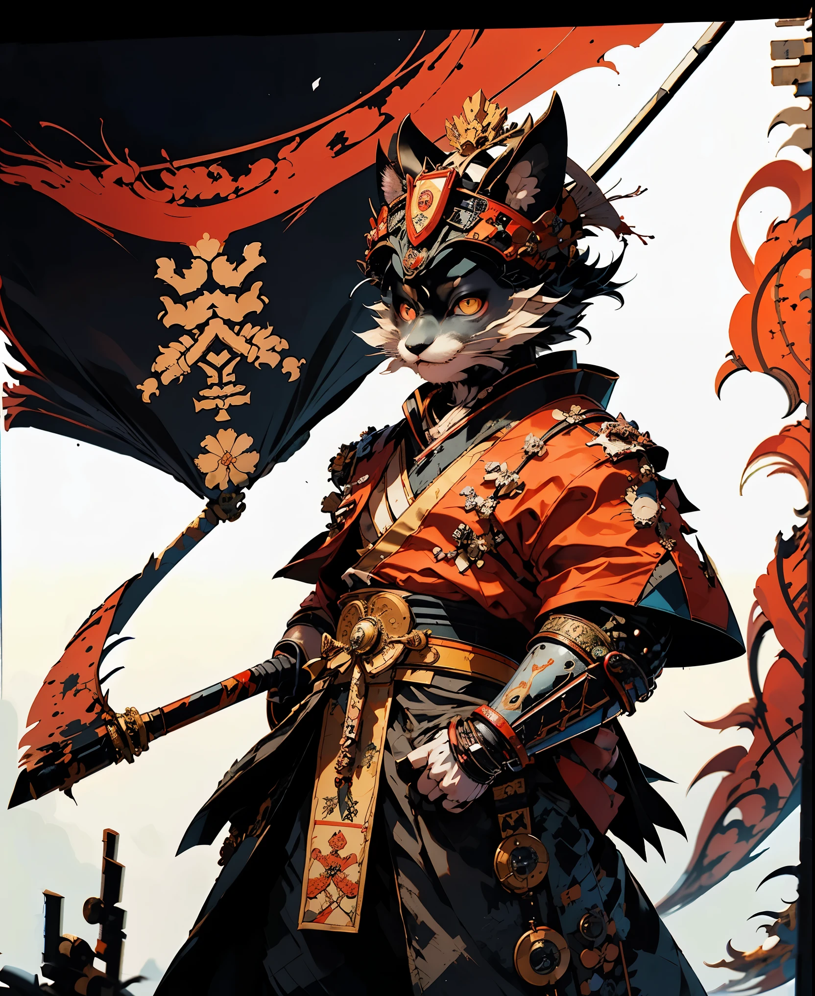 32K UHD QUALITY RESOLUTION, black cat, samurai warrior, highly detailed samurai battle armor and sashimono war flag, blood splattered, cherry blossoms blowing in the wind, post apocalyptic feudal Japan background
