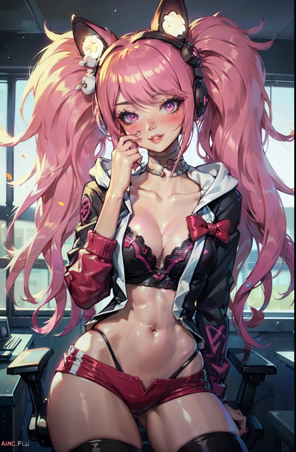 1girl, pink hair, long hair, big lips, pink eyes, hoodie, cleavage, huge breasts, light smile, blush, nose blush, indoors, sitting, gamer chair, short shorts, thigh highs plant, anime, egirl, intimate, portrait, cowboy shot, head tilt, thick thighs, wide hips, cat ear headphones, (egirl aesthetic), narrow waist, hourglass figure, bimbo,