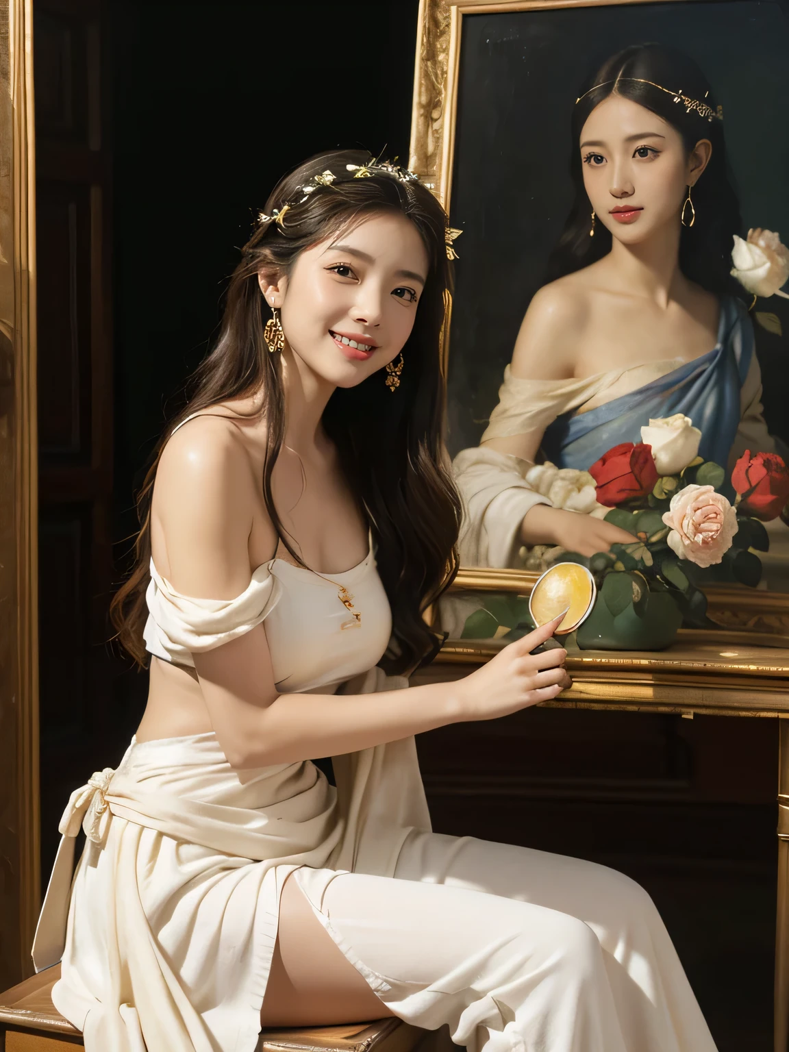 Giorgione painting style,roses in vase、fruits、Cute trinkets、smile、ancient greek costume、Clothes that stretch your shoulders、A big smile、beautiful bare skin,Female painter painting oil in her studio,Woman painting in oil with oil brush and palette