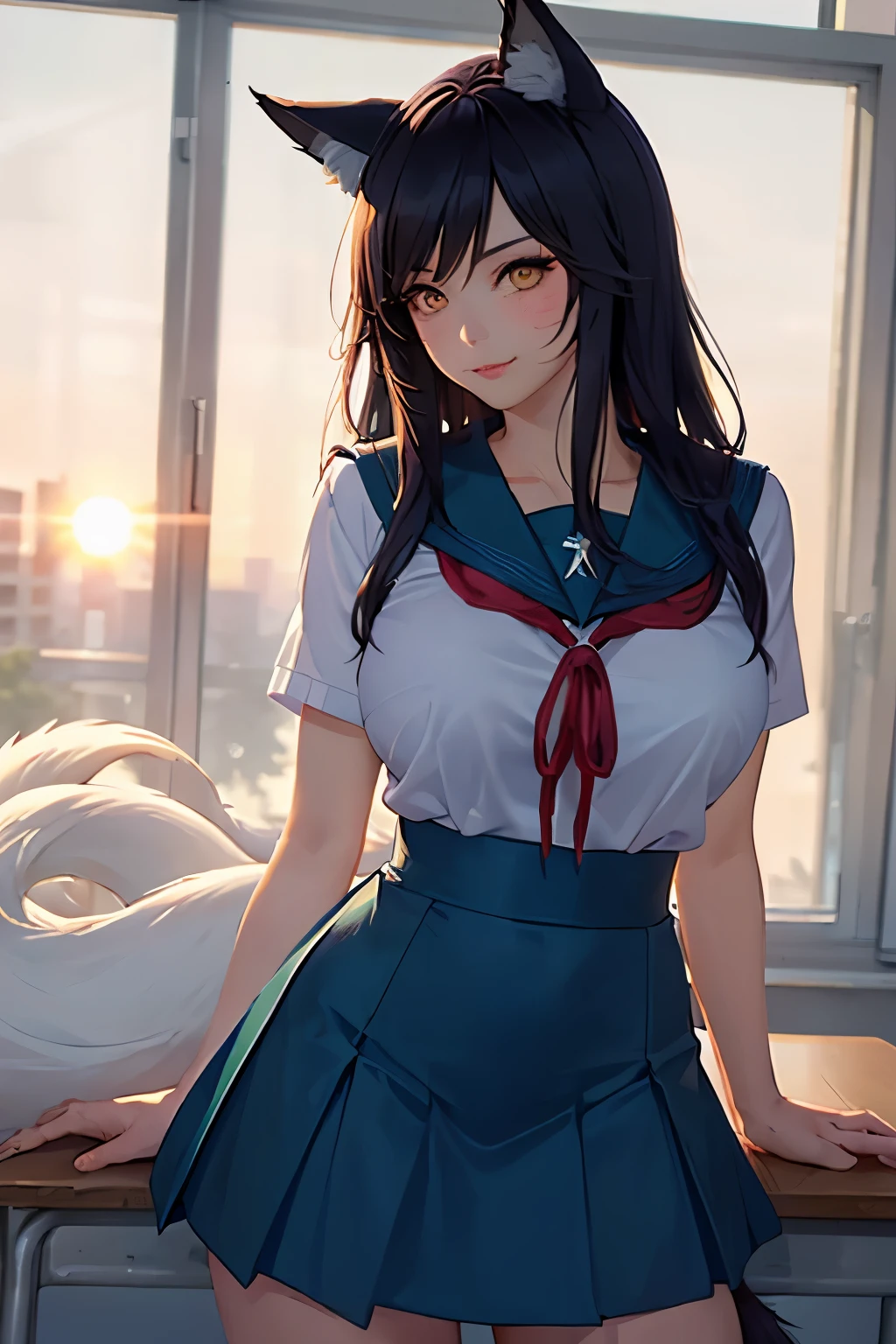 Ray tracing,{Best quality}, {{Masterpiece}}, {A high resolution}, Original, Extremely detailed 8k wallpaper, {An extremely delicate and beautiful}, realistic hand, one girl, good body proportions, cowboy shot, blush, Extremely detailed face, Extremely detailed body, Extremely detailed hands, Extremely detailed eyes, beatiful eyes, Extremely detailed background, high quality background,Ahri League of Legends,(((kitsune girl,fox girl,fox tails,nine tails,multiple_tails,multiple tails,black tails,black fur,dark tail))),(large breasts:1.9),(IncrsAhriAcademy),(((school  sailor uniform))),(white shirt,dark blue skirt),25-year-old,flirtatious pose,smirk,looking at viewer,cowboy shot,(classroom in the background),sunset,golden hour