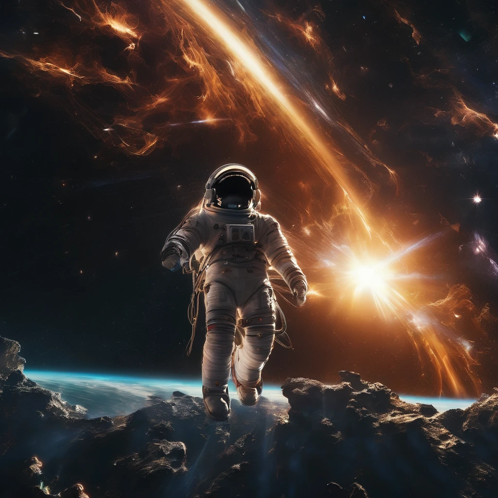 Tyndall Effect, aesthetic, extremely detailed, An astronaut floating in space with sunbeams shining past illuminating particles and debris, dramatic lighting reveals the Tyndall effect in space, nebula and galaxies in the background, atmospheric, cinematic scene, digital painting
