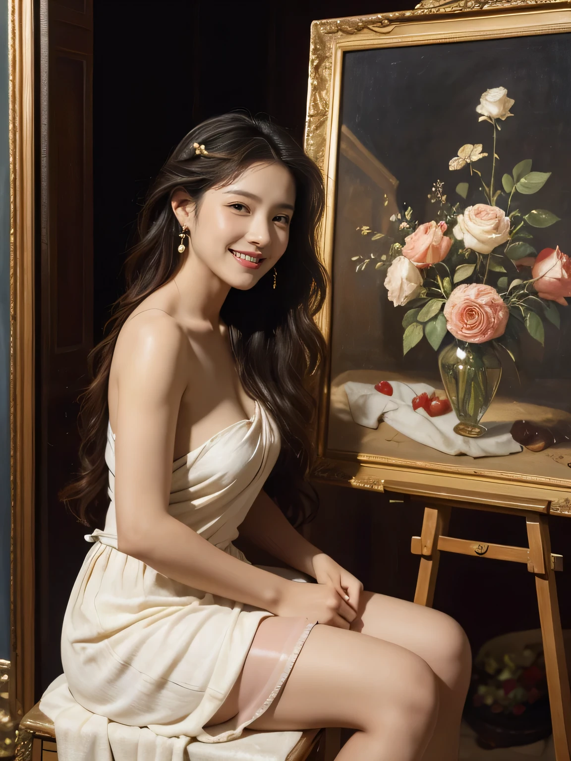 Giorgione painting style,roses in vase、fruits、Cute trinkets、smile、ancient greek costume、Clothes that stretch your shoulders、A big smile、beautiful bare skin,Female painter painting oil in her studio,Woman painting in oil with oil brush and palette