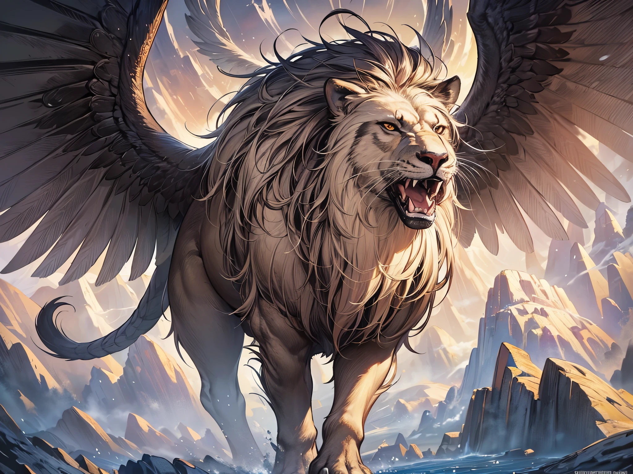 ((highest quality)),(ultra high resolution),(Super detailed),(detailed description),((best CG)),(best work of art),super precision art,amazing drawing art,(Fantasy art with precise details:1.5), The monster has the body of a lion and the wings of an eagle.