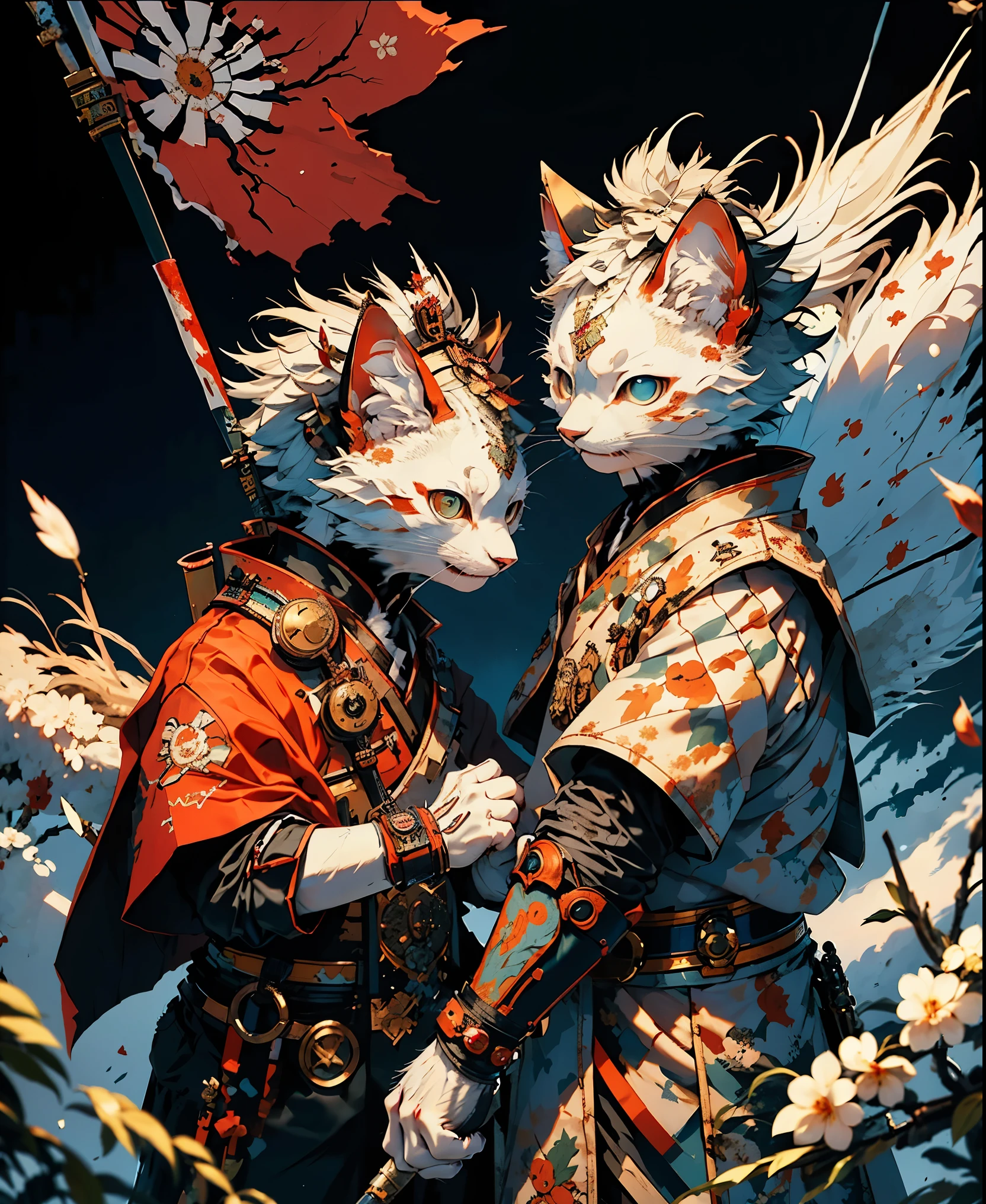 32K UHD QUALITY RESOLUTION, white cat, samurai warrior, dynamic battle pose, highly detailed samurai battle armor and sashimono war flag, blood splattered, cherry blossoms blowing in the wind, post apocalyptic feudal Japan background