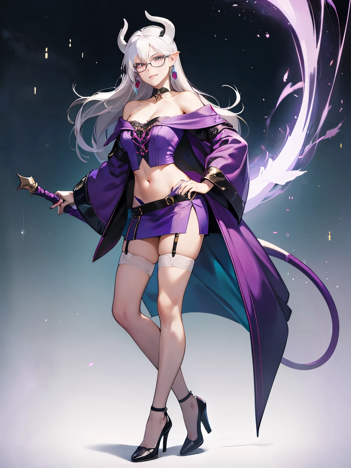 8k, masterpiece, best quality, 1girl, tiefling, warlock, white hair, long hair, glasses, earrings, mole under eye, sexy, teal and purple clothes, miniskirt, garter belt, high heels, navel, white shirt, collar bone, holding whip, villainous, smirk, flirtatious, tail, fullbody view, stocking.