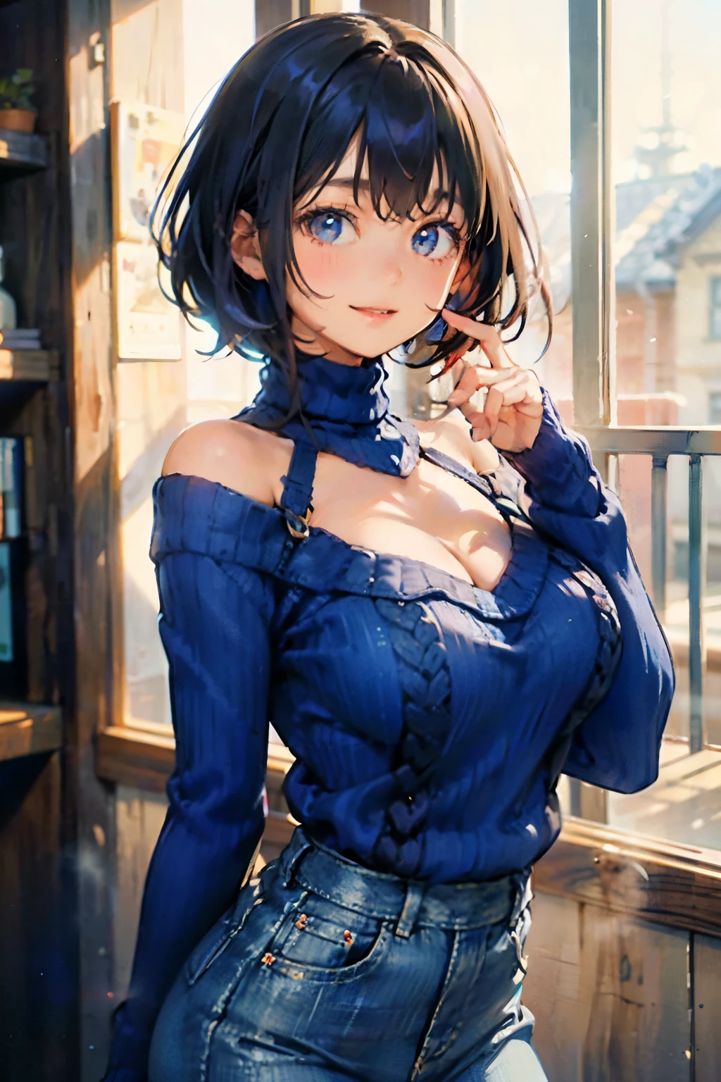 a 20 yo woman、Black-haired head hair、Bery short hair、Big smile、cleavage of the breast、Clothes with fluttering breasts、(hi-top fade:1.3)、dark themed、Muted Tones、Subdued Color、highly contrast、(natural skin textures、Hyper-Realism、Soft light、sharp) Black skirt, (Blue sweater:1.5), Long sleeves, off shoulders, off-the-shoulder sweater, Puffy sleeves, Tight-fitting jeans，Sweaters, White ribbon，women's pictures , tits out, 8K UHD, Lunette de soleil, JINS, Digital SLR, hightquality, film grains，