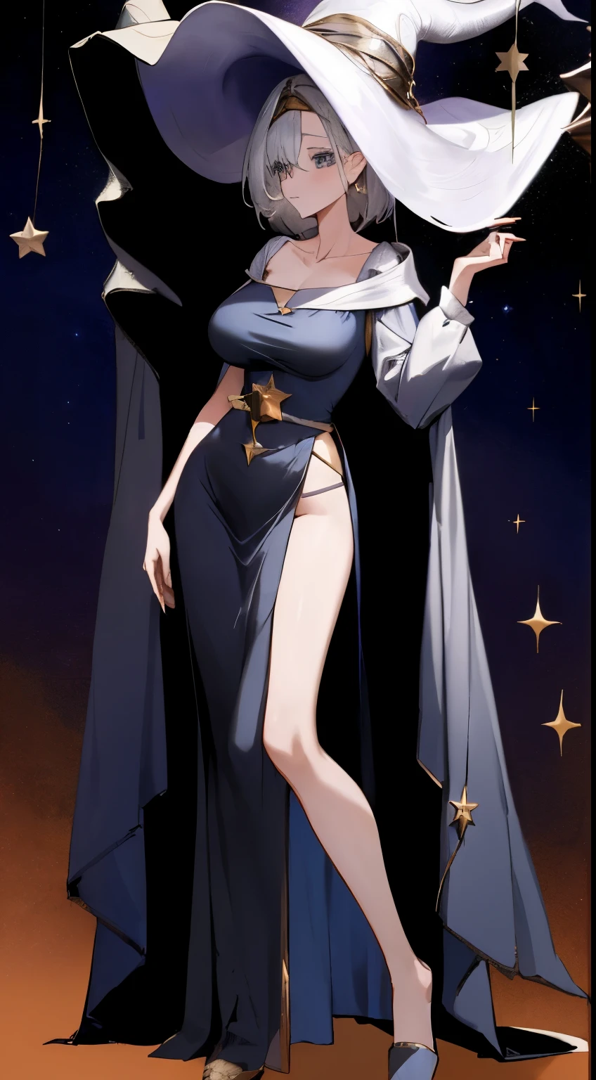 Leakage out of the collarbone,Neck leakage,sorceress woman,Magic Hat,Star decoration,stand posture,standing straight,Magic dress,open waist