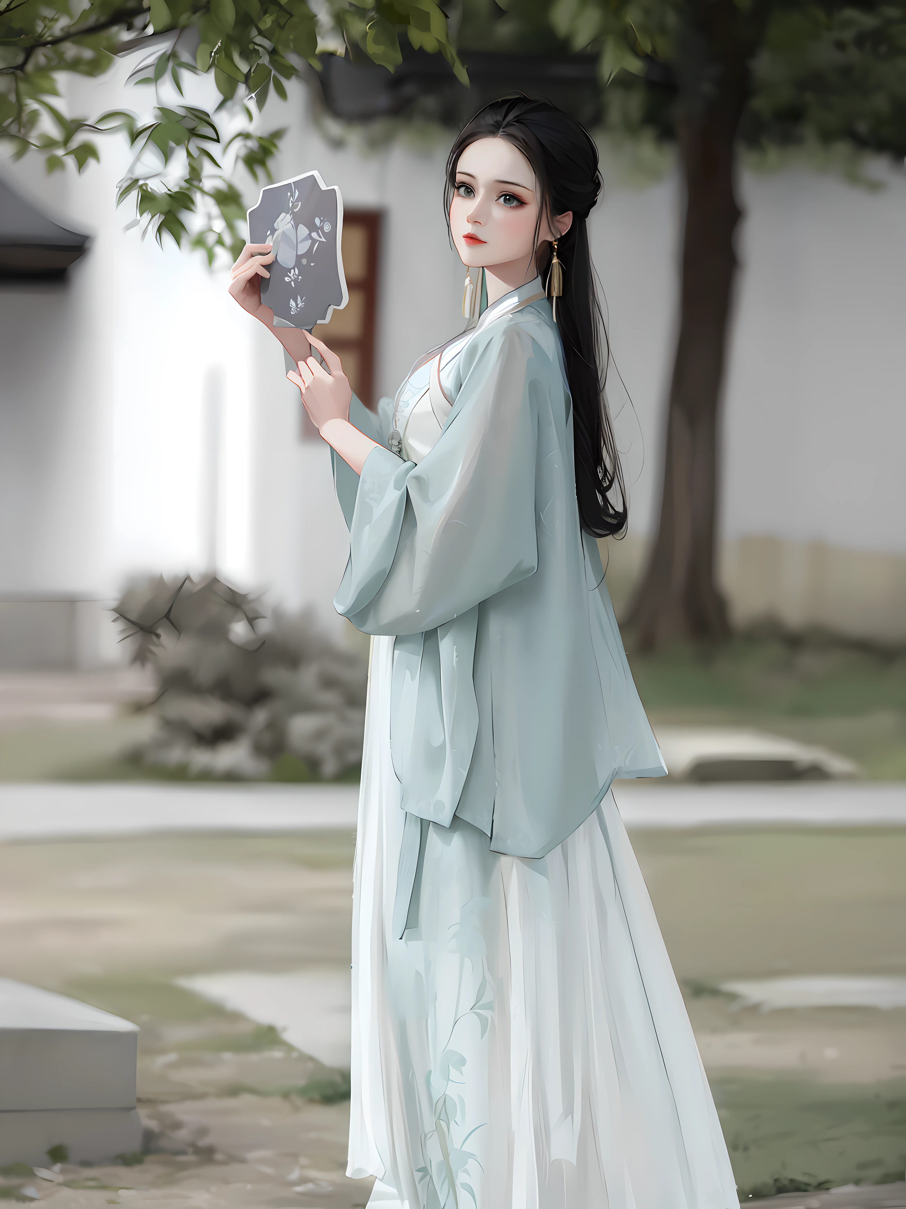 A woman in a long dress holds a mirror in her hands, Hanfu, white Hanfu, Paired with ancient Chinese costumes, Wearing ancient Chinese clothing, Traditional Chinese costumes, palace ， a girl in Hanfu, style of guo hua, Chinese style, Hanfu, sea green and white dress, Wearing a luxurious silk cloak, sha xi, cheongsam