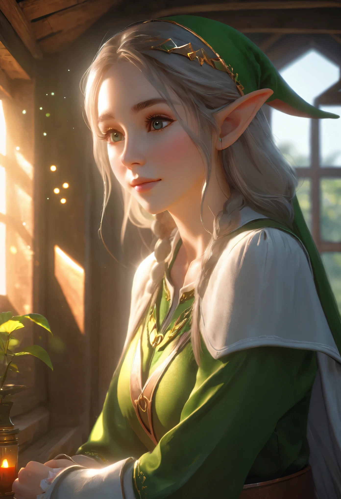 Cute elf girl huddled in a dim hut，Beautiful and delicate face，Strong sunlight shines on her through the skylight，Tyndall effect，Tyndall light，Tyndall effect加强，Realistic light rendering，Realistic ray tracing，Realistic light reflections，8k，Super fine，Super realistic，Extreme details