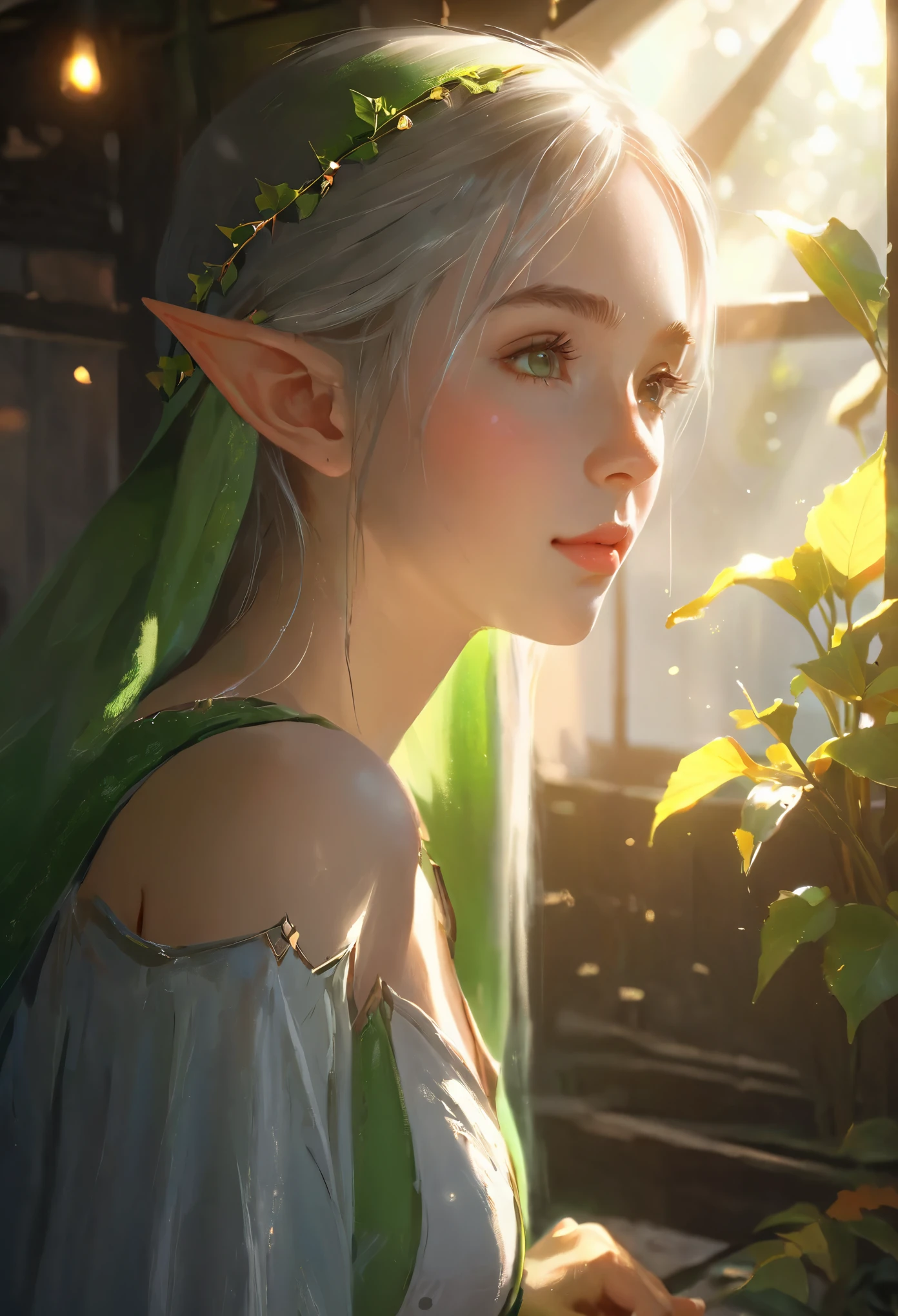 Cute elf girl huddled in a dim hut，Beautiful and delicate face，Strong sunlight shines on her through the skylight，Tyndall effect，Tyndall light，Tyndall effect加强，Realistic light rendering，Realistic ray tracing，Realistic light reflections，8k，Super fine，Super realistic，Extreme details