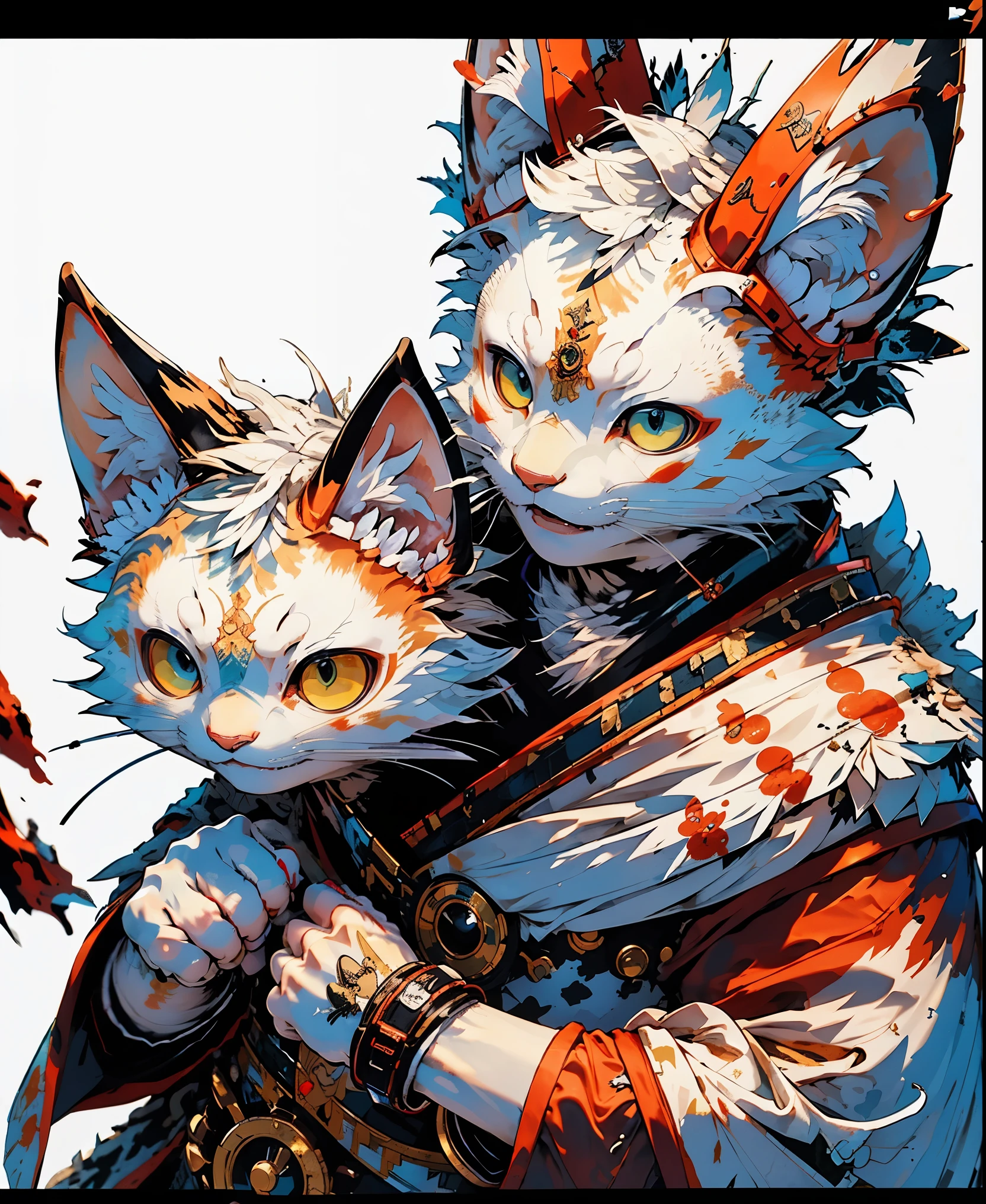 32K UHD QUALITY RESOLUTION, white cat, samurai warrior, dynamic battle pose, highly detailed samurai battle armor and sashimono war flag, blood splattered, cherry blossoms blowing in the wind, post apocalyptic feudal Japan background 