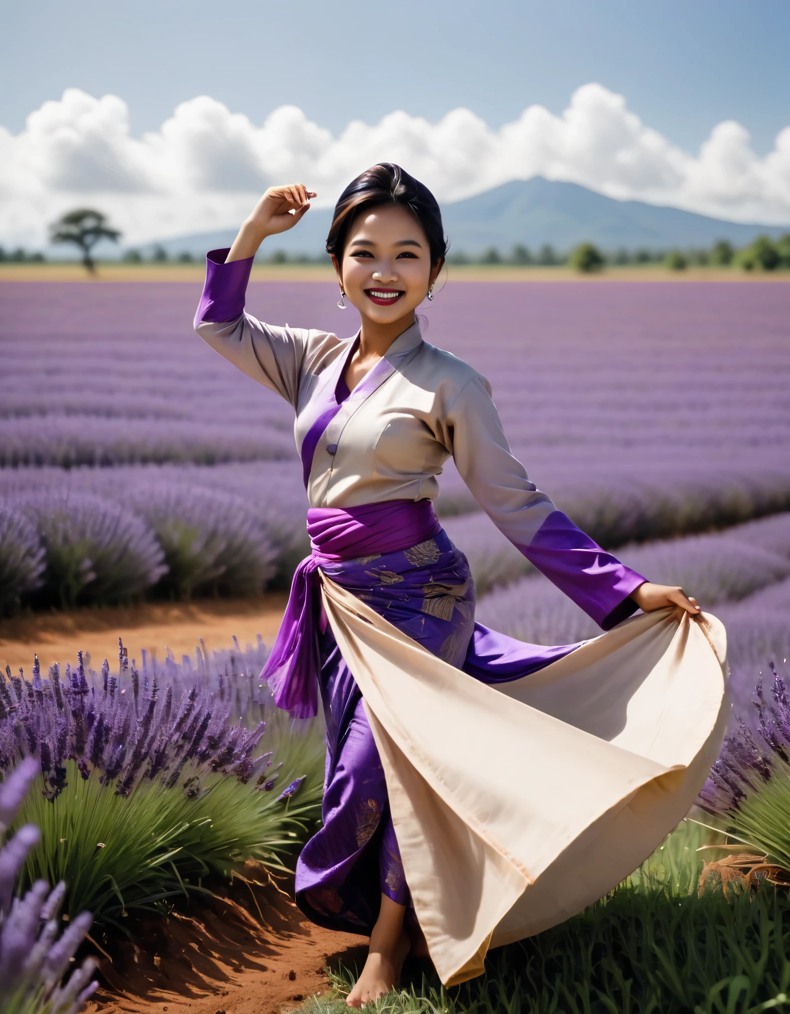 Real photos, wide view from ground to sky Indonesian female soloist performs the traditional Chai Phong Sunda dance with graceful movements and beautiful smiles. Garnish with kebaya. and intricate traditional sarongs Contrasting with the Field of Smiles In the middle of a purple lavender field Flow with art Fields of flowers and fabrics blend together perfectly. beautiful lavender fields The powerful power of purple